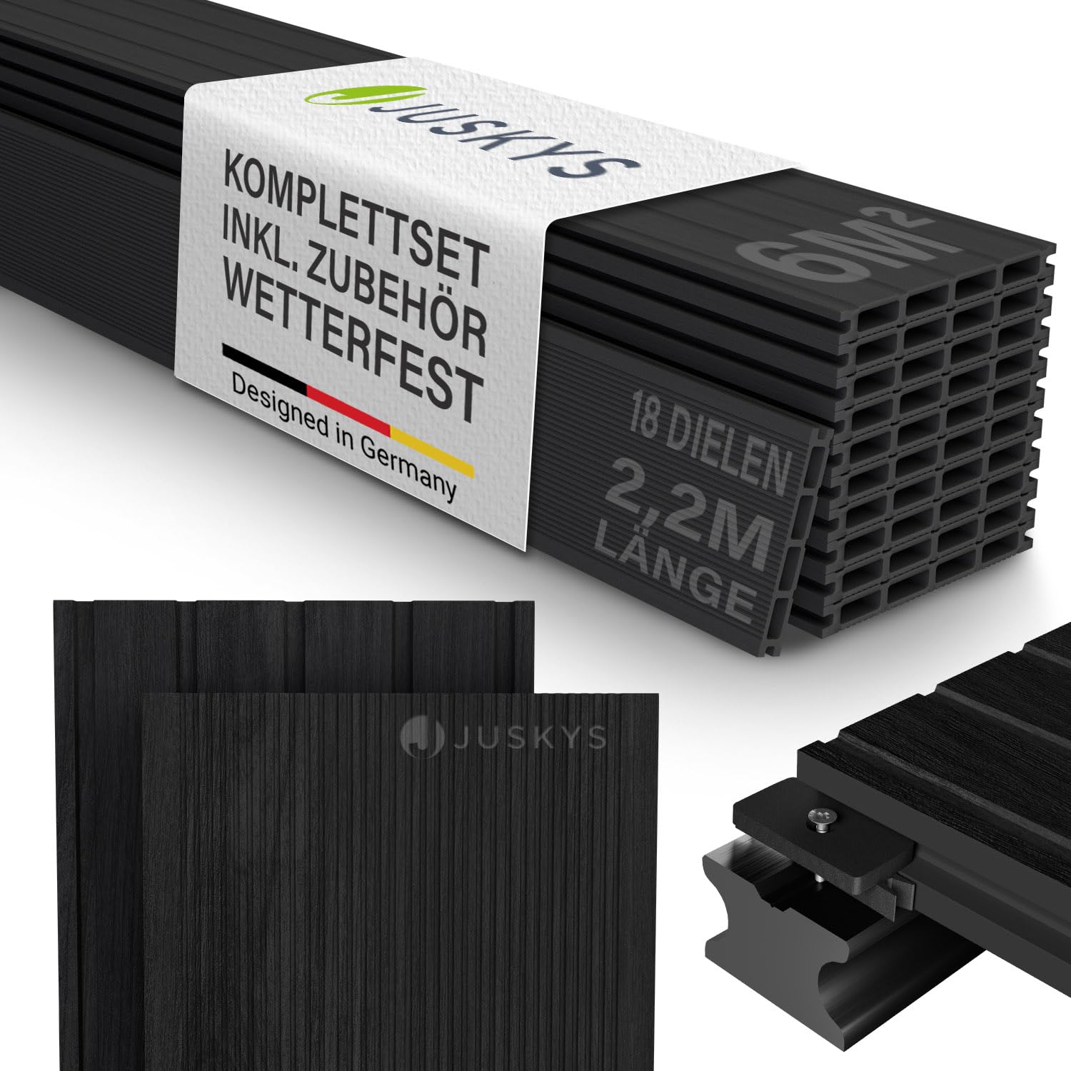 Juskys WPC Terrassendielen 6 m² – 220 cm Dielen, wetterfest & pflegeleicht, inkl. Unterkonstruktion, Clips & Schrauben, rutschfest für Terrasse & Balkon – Anthrazit