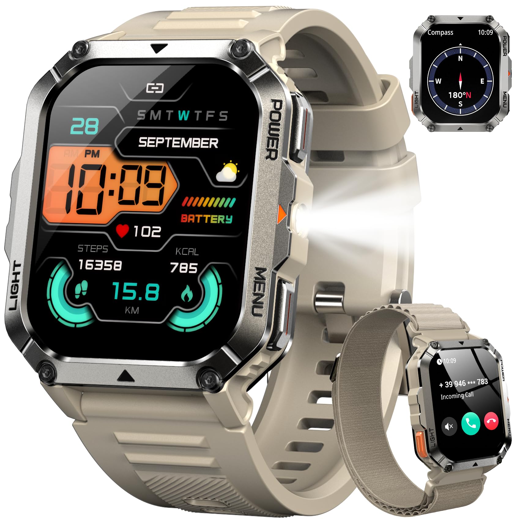 IOWODO Smartwatch Uomo Militare 2.01" con Chiamate Bluetooth, Batteria 900mAh, Torcia LED, Bussola, IP68 Impermeabile, Monitoraggio Cuore/Ossigeno nel Sangue/Sonno, 123 Modalità Sportive, 2 Cinturini