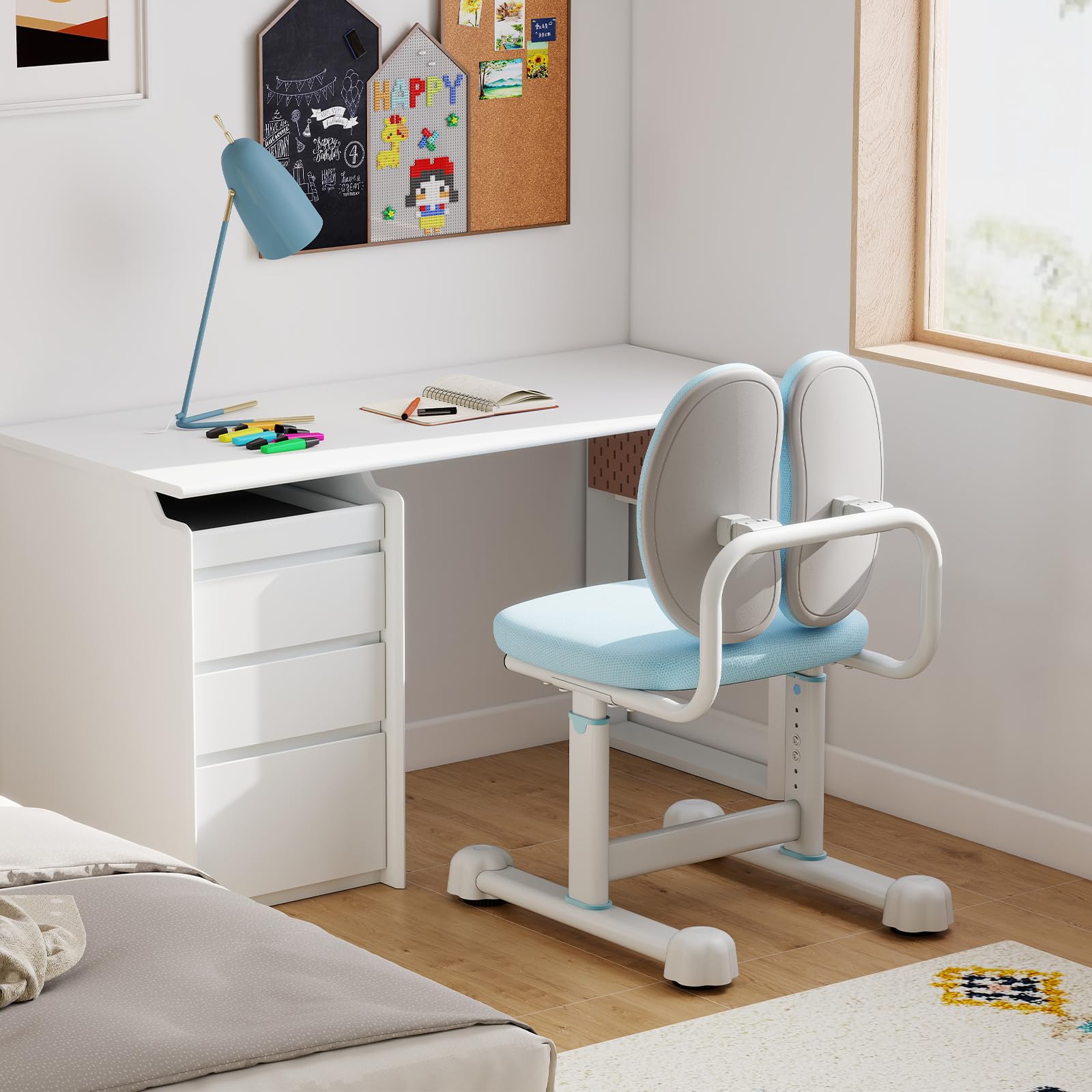 COSTWAY Chaise de Bureau Enfant avec Hauteur Réglable & Dossier Ergonomique, Fauteuil de Bureau avec Maille Respirante & Patins Ajustables, Charge 100kg pour Filles Garçons de 6-12 Ans (Bleu)