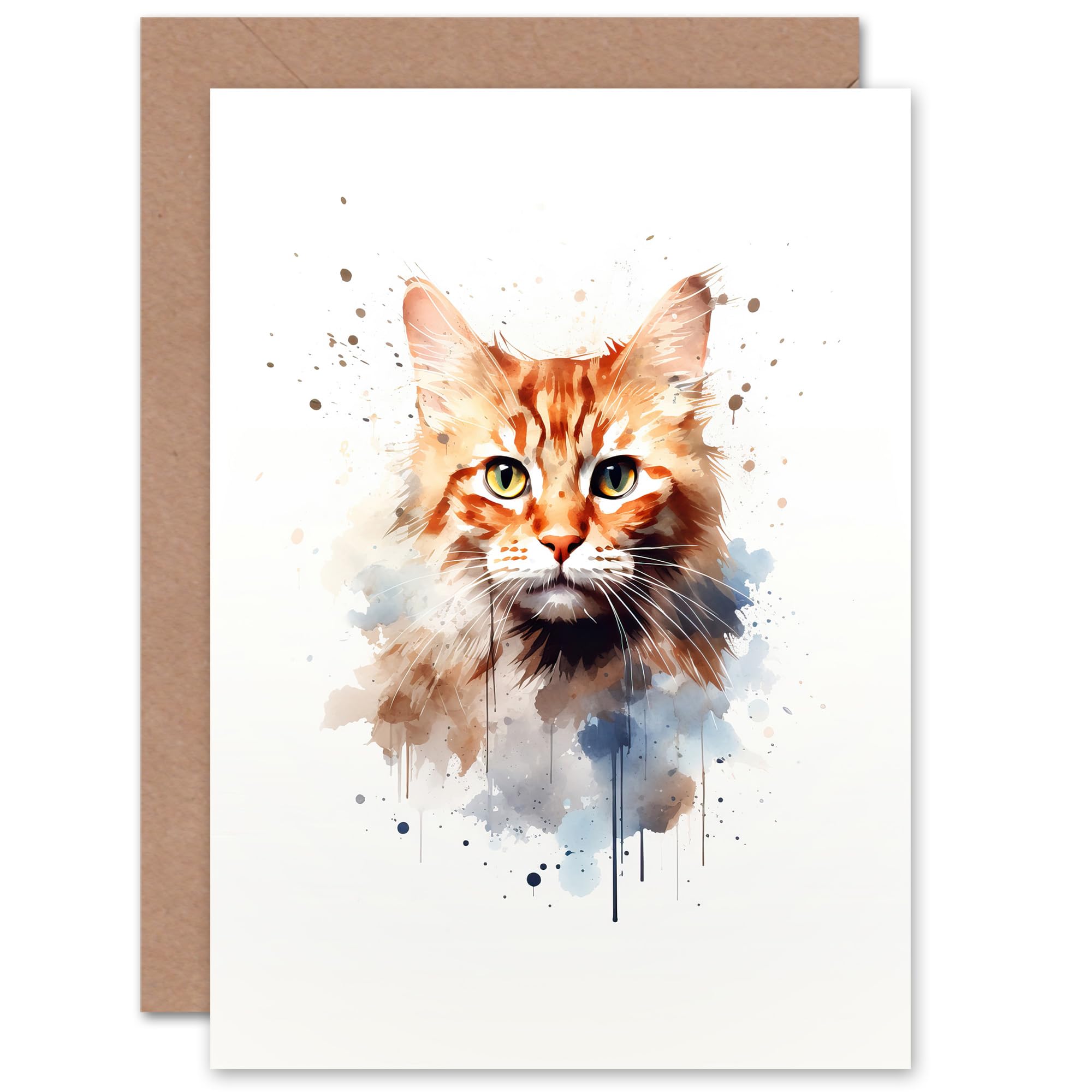 Artery8 Ginger Orange Cat Lovers Gift Watercolour Pet Portrait Painting Artwork Sealed Greeting Card Plus Envelope Blank inside