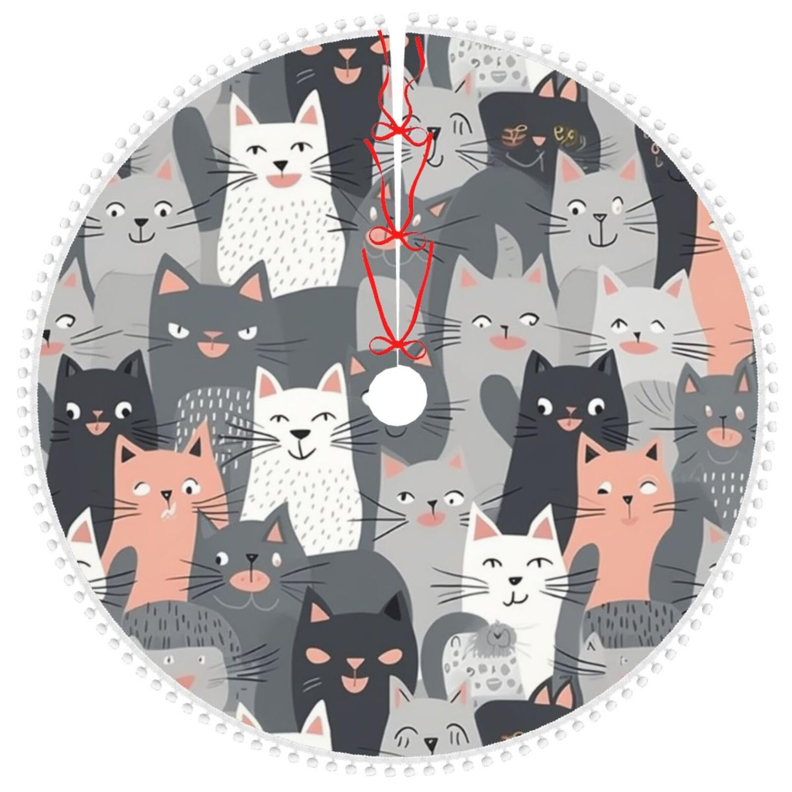 Jupe de sapin de Noël chats gris de 122 cm avec pompons pour décoration rustique