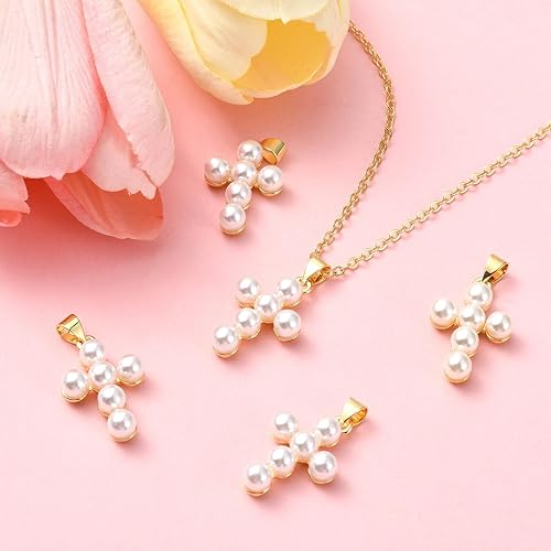 Miniatura 5 de Ipotkitt 5 dijes de cruz de perlas blancas con forma de crucifijo blanco, dijes religiosos de concha de agua dulce natural para manualidades y