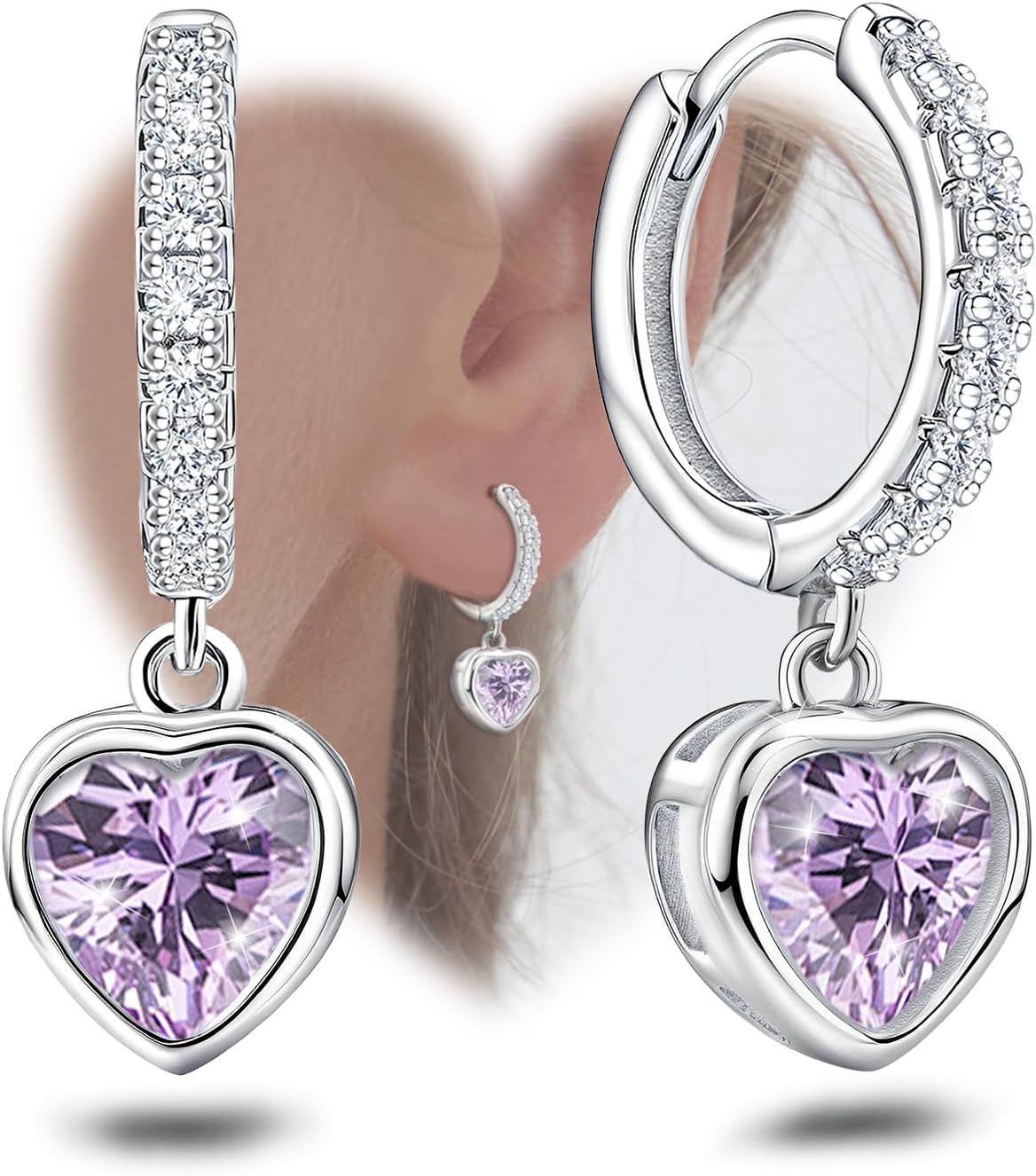 Heart Hoop Earrings with Dangle Sterling Silver Love Heart-Shaped Loop Earrings for Women Hypoallergenic Sparkle Birthstone Cubic Zirconia Hoop Earring with Dangling Charms Dainty Fashion Jewelry Gift