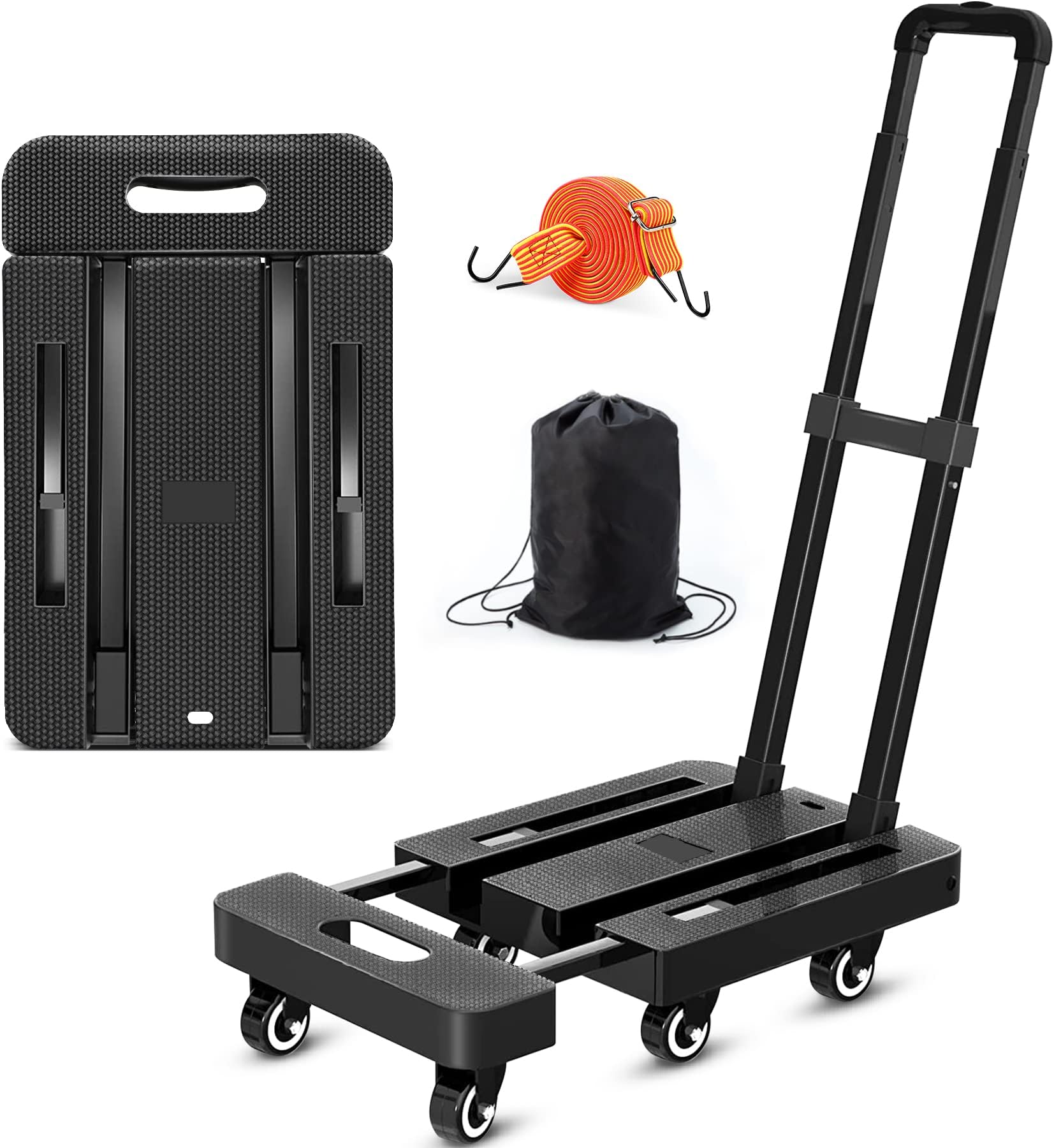 Folding Hand Truck, 550lbs Capacity 6 Wheels Heavy Duty Folding Luggage Cart, Utility Dolly Platform Cart with Elastic Bungee Cord, Fold Up Dolly for Luggage Moving Travel Shopping Office Use