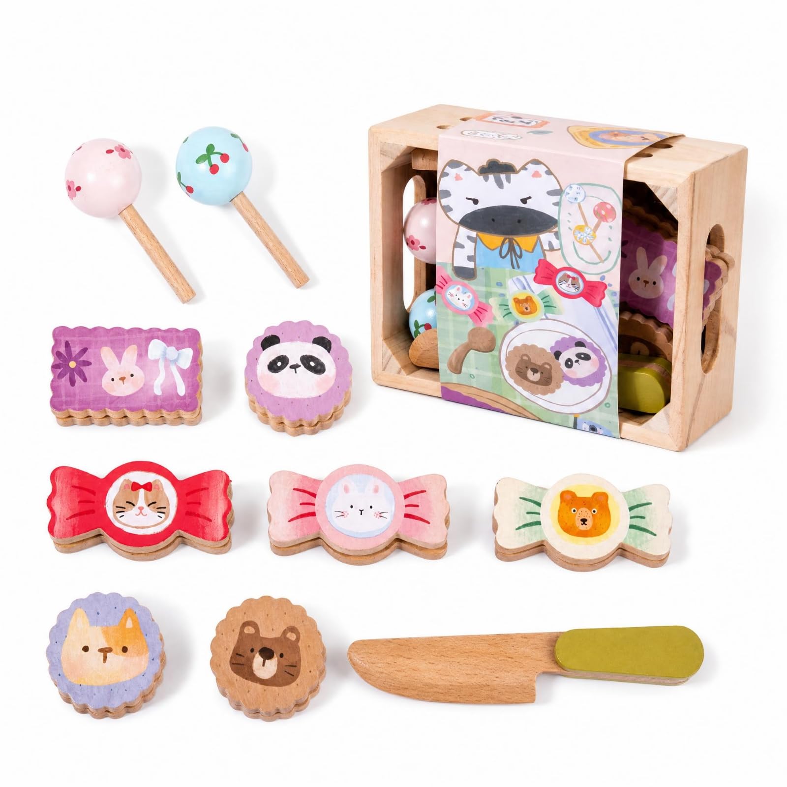 Nourriture en bois éducatif enfants : jeu d'imitation biscuits bonbons et aliments à couper
