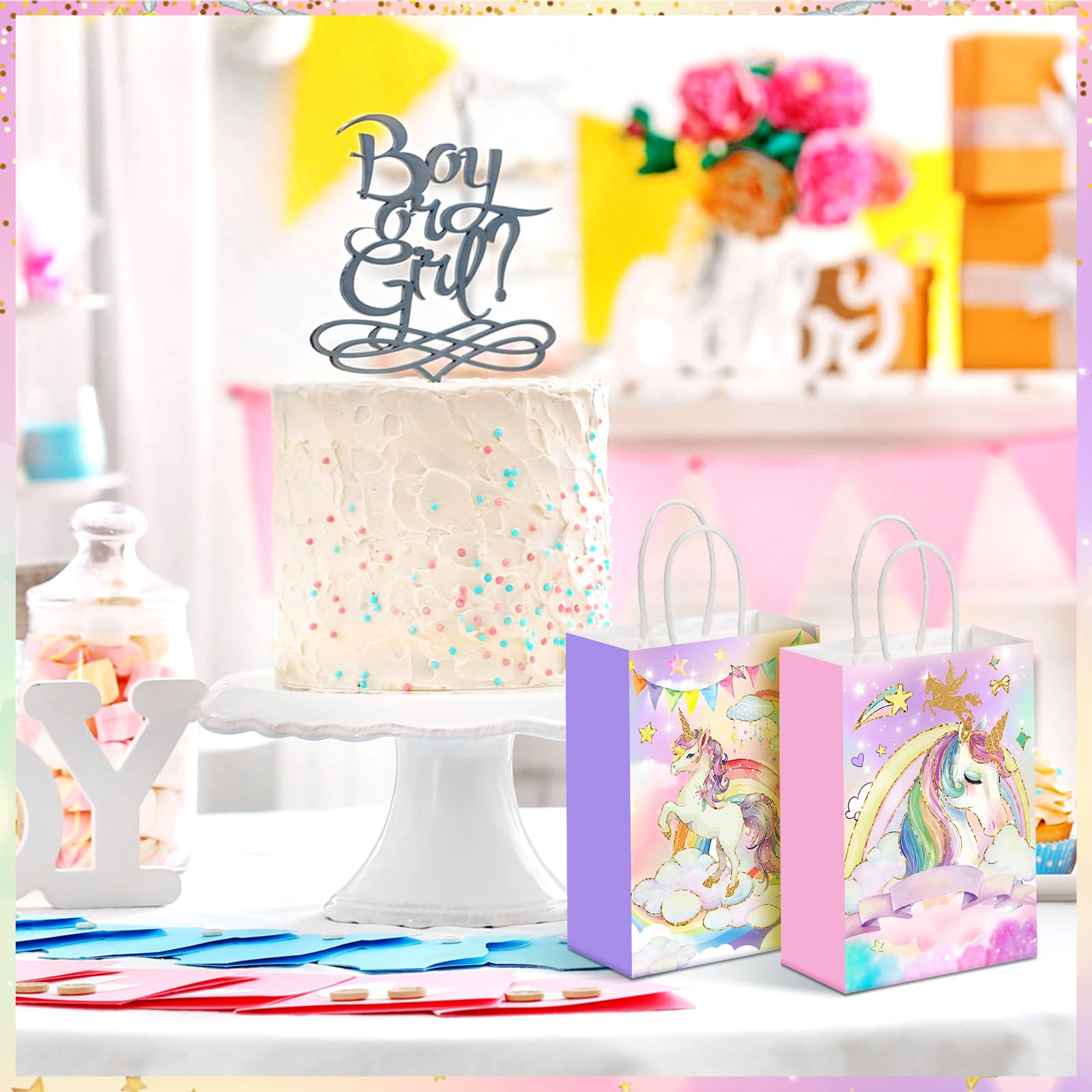 Kolldenn 24 Pcs Unicorn Party Favor Bags for Birthday Party Supplies Cute Unicorn Gift Goodie Paper Bags with Handles Rainbow Goody Treat Candy Pouch‌ for Girls Birthday Baby Shower Decorations