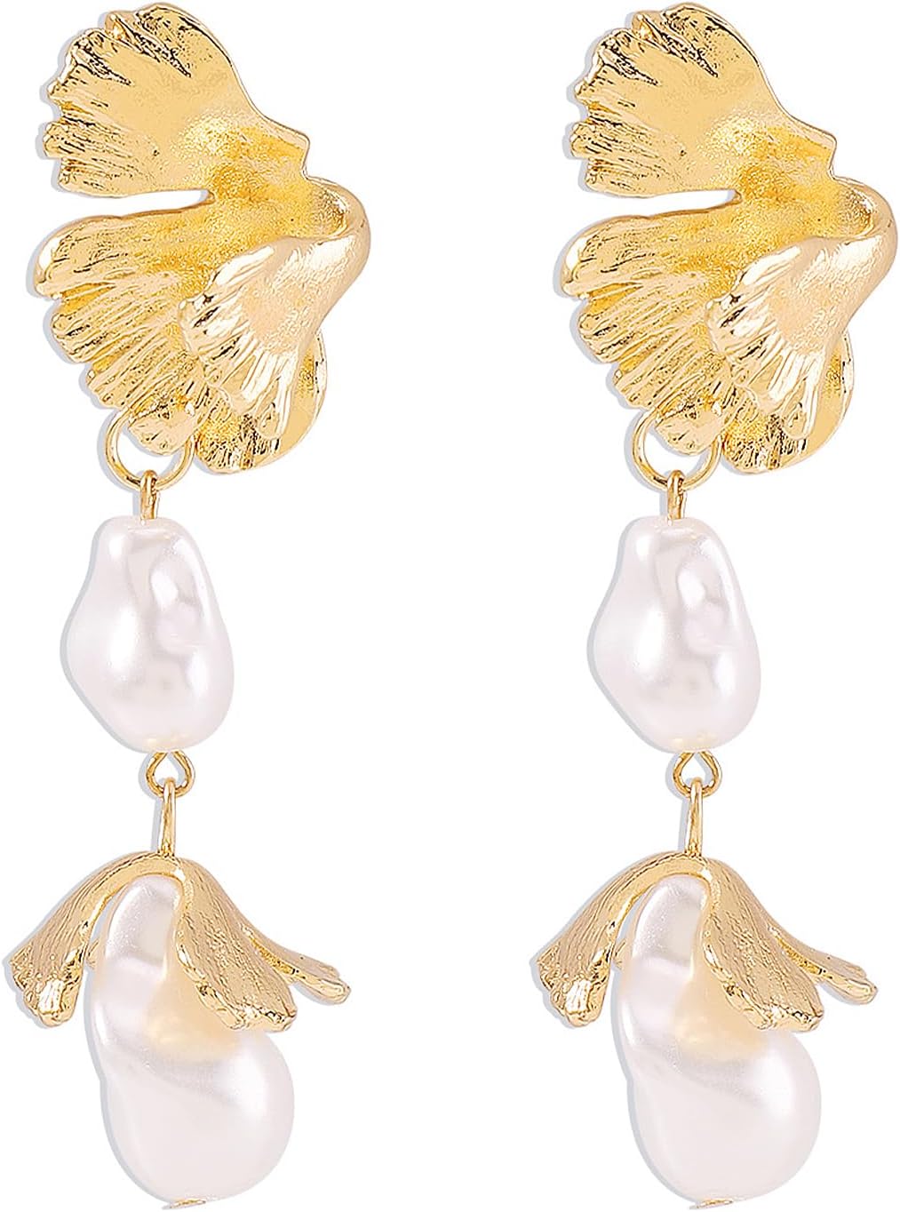 18K Gold Baroque Pearl Leaf Dangling Earrings for Women,Glossy Boho Flower Statement Drop Dangle Earrings,Retro Formal Anniversary Jewelry Gifts - Image 8