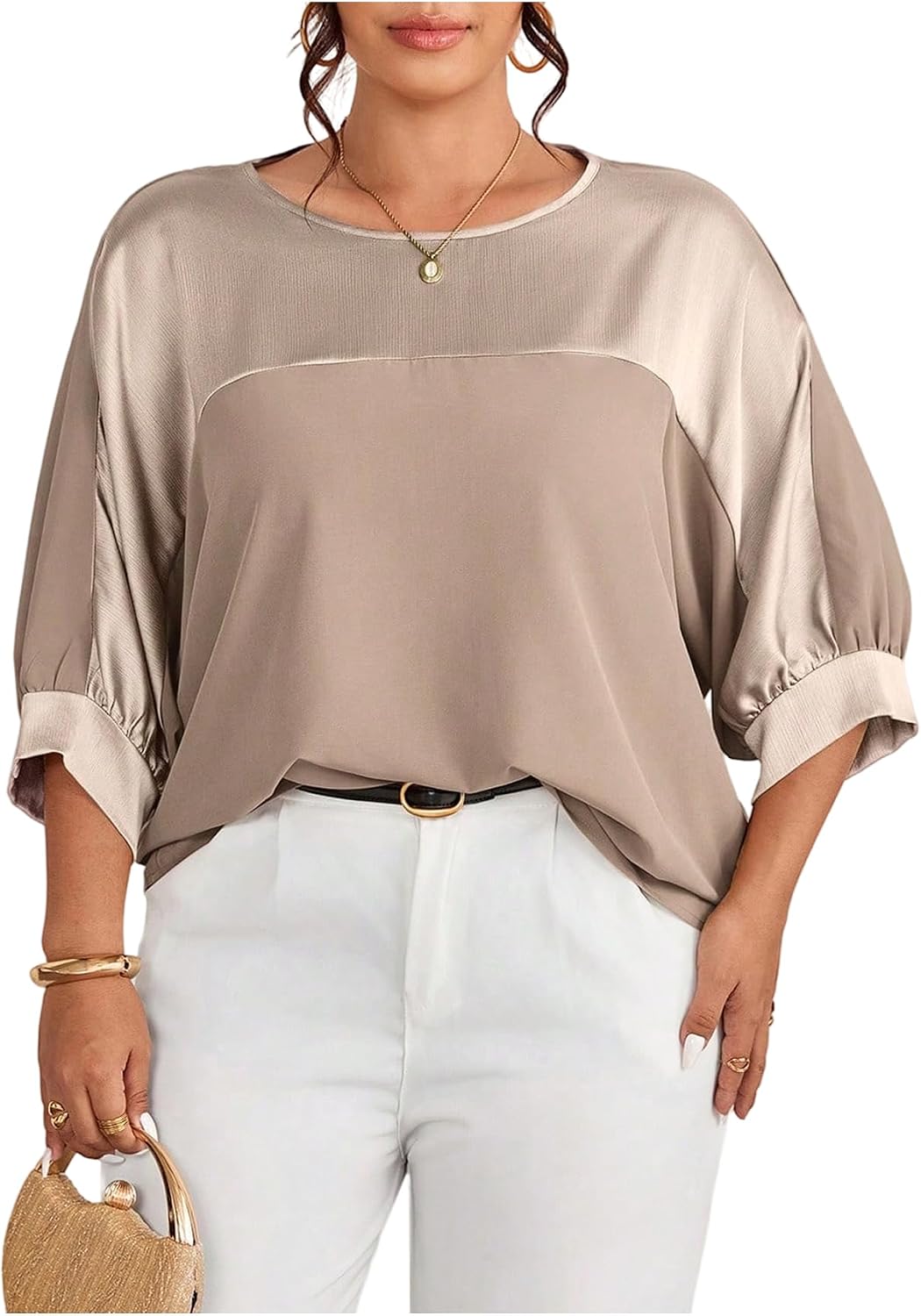 GORGLITTER Women's Plus Size 3/4 Sleeve Tops Blouses Dressy Casual Metallic Satin Work Loose Tunic Shirt Going Out Tops