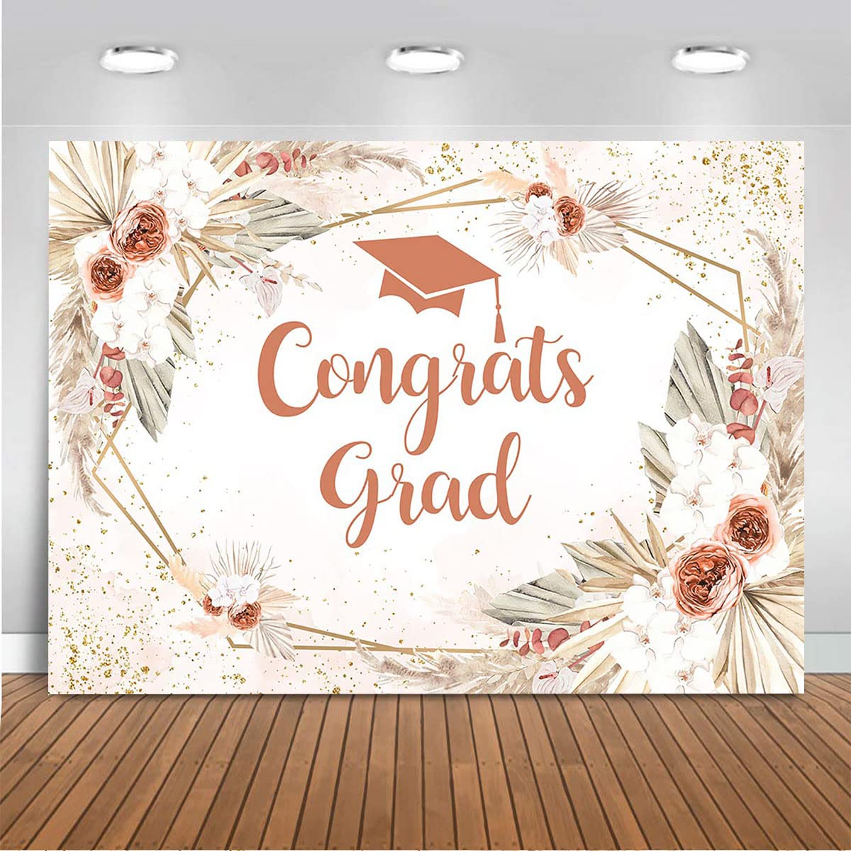 Mocsicka 8x6ft Congrats Grad Backdrop Graduation Class of 2025 Banner Backdrop Boho Floral Gold Dots 2025 Graduation Party Decorations Photography