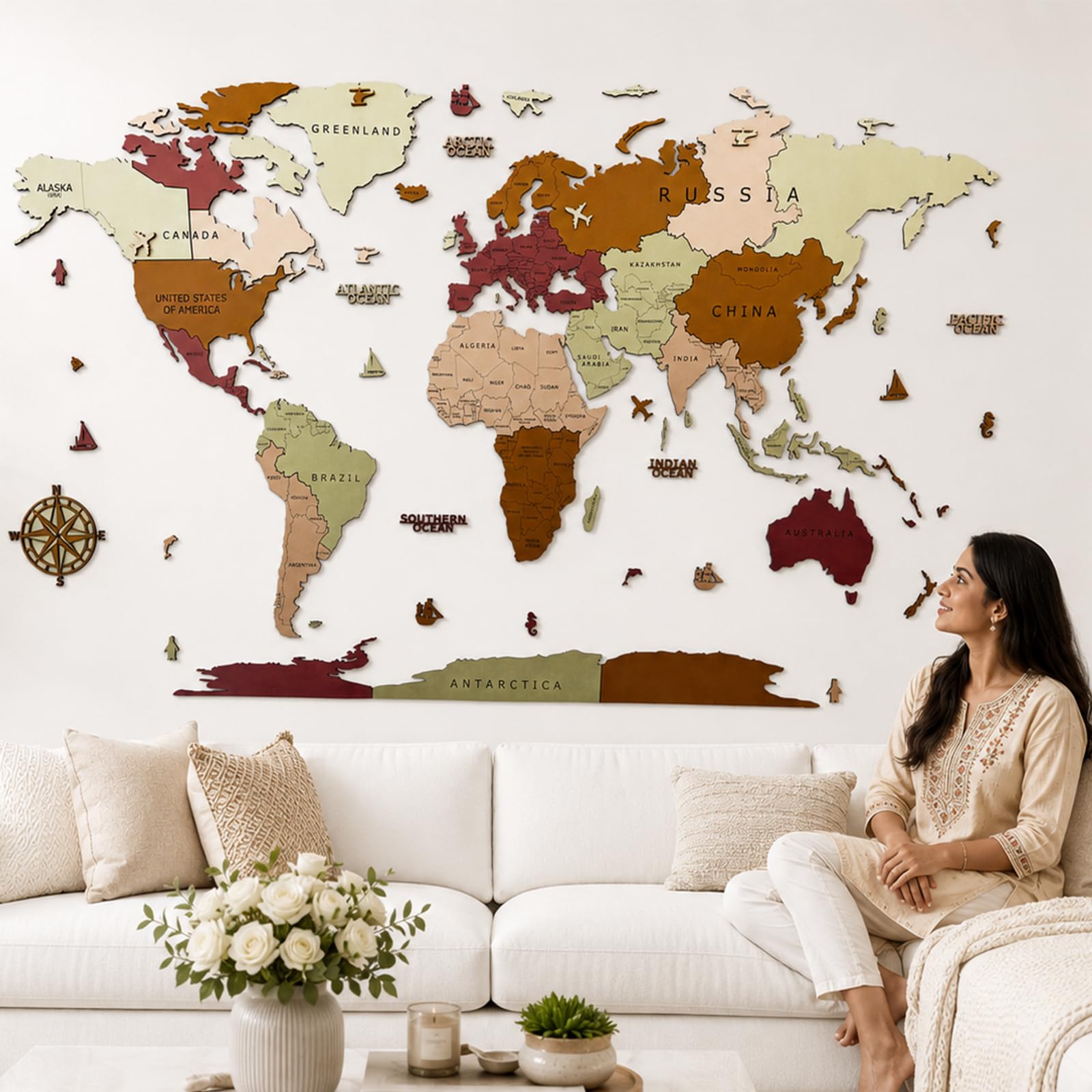 WOODECAL 3D Wooden World Map Wall Decor for Home and Office, Metallic Color, M (122x92 CM), 45 Pieces-image-14