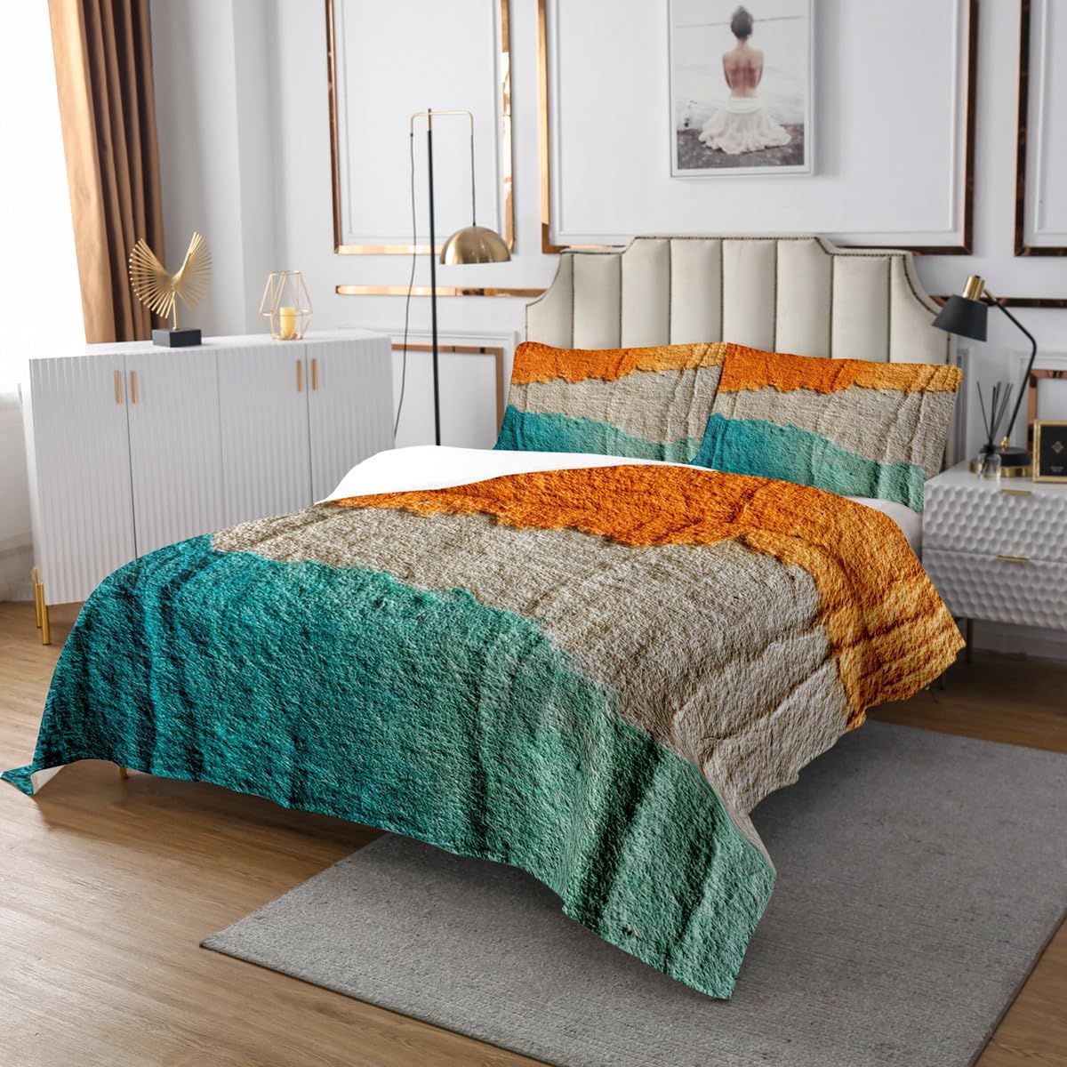 Erosebridal Oil Painting Quilted King Size Abstract Pattern Bedspread for Kids Girls Boys Fantasy Colorful Beige Blue Quilted Coverlet Soft Luxury Coverlet Set