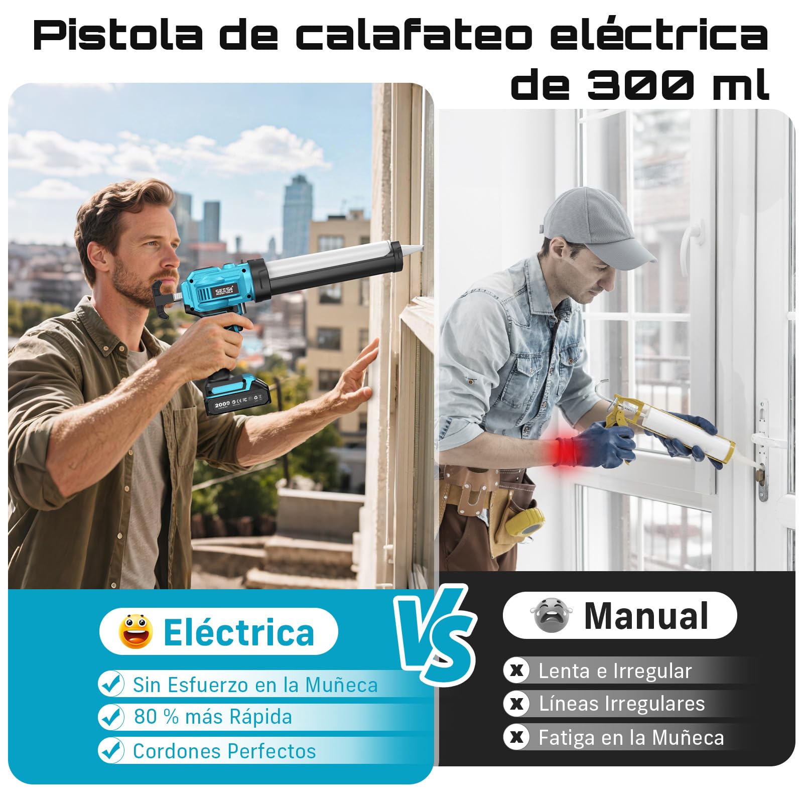 SEESII Pistola Silicona Eléctrica con 2 Baterías de 2000 mAh | Pistola Silicona Profesional con Luz LED de 300 Ml, Empuje de 300 Kg para Calafateo (Azul)