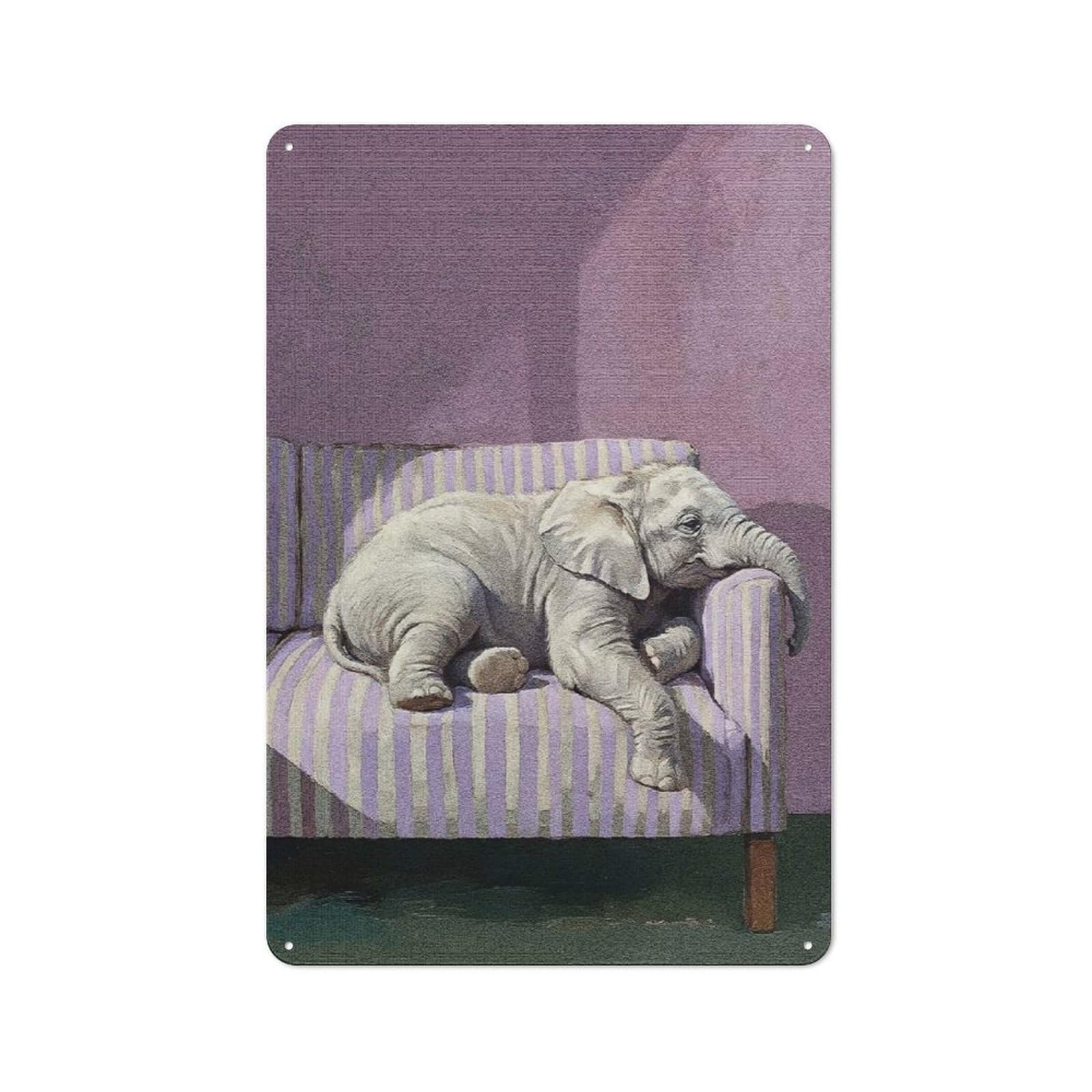 Junmoney Style-23 Resting Elephant On Striped Couch Tin Wall Plaque 30X20cm, Barn Style Rustic Kitchen Decor For Farmhouse Kitchen, Pantry Or Dining Area