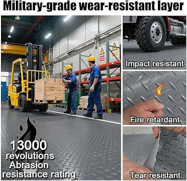 Rubber Flooring Rolls Mats, Heavy Duty Diamond Plate Garage Floor Mat, PVC Water/Stain Outside Resistant Parking Rv Trailer Flooring 4FTx6FT
