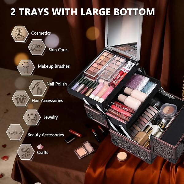 Malette Maquillage Malette Onglerie verrouillable avec Miroir Boite Rangement Maquillage Vanity Maquillage Multifonction pour Salon et Voyages, Marron Classique - 4