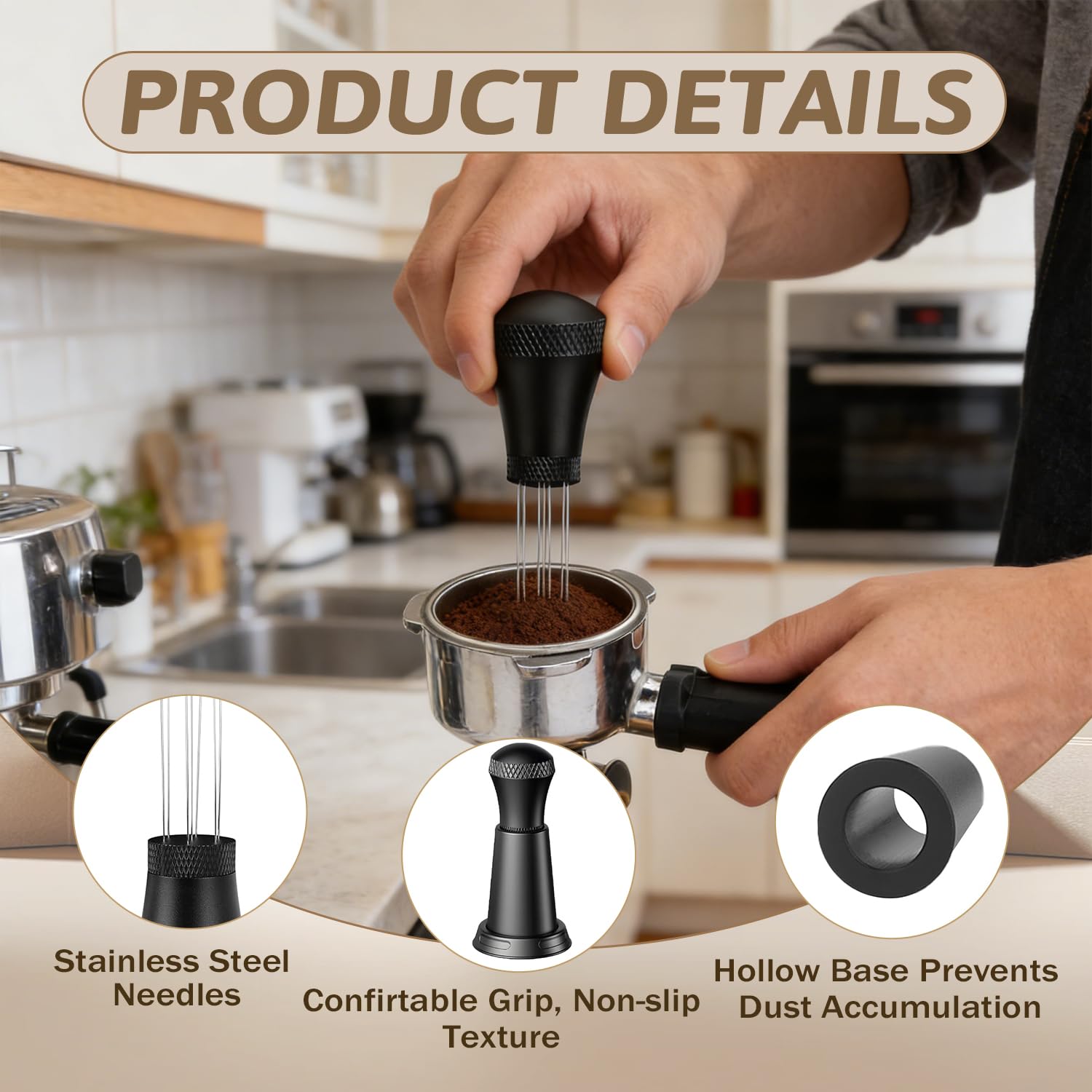 Distribuidor de café extraíble, herramienta WDT negra con agujas de acero inoxidable flexibles de 45 x 95 mm, portafiltros, accesorios para la preparación precisa del café y calidad de extracción
