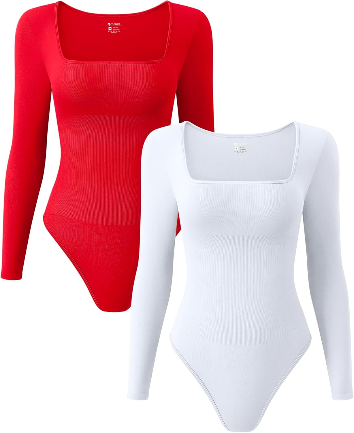OQQ Women's 2 Piece Bodysuits Sexy Ribbed One Piece Square Neck Long Sleeve Tops