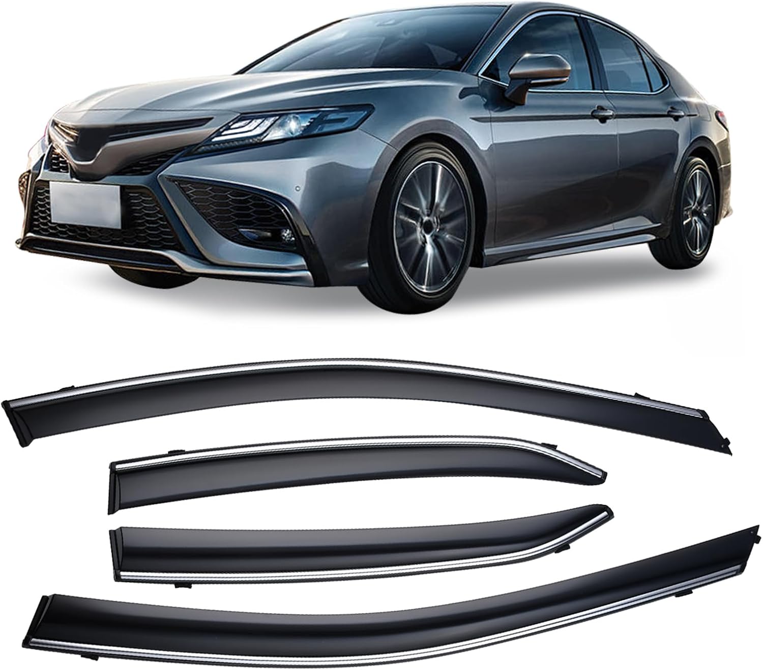 Tape-On Smoke Tint with Chrome Trim Window Visors Compatible with Toyota Camry 2018 2019 2020 2021 2022 2023 Shatterproof Window Deflectors 4pcs