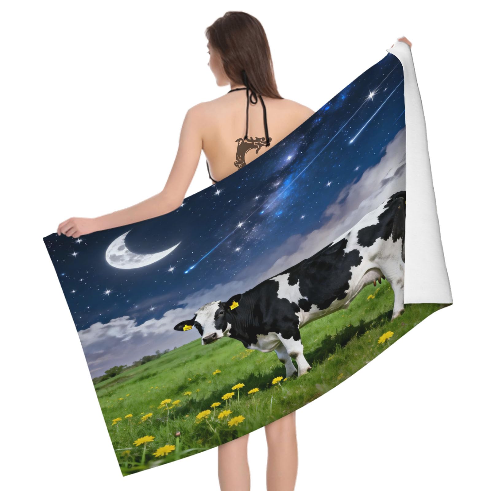 Leichong 3D Milk Cow Beach Towel Large Microfiber Soft Quick Dry for Adults, Starry Sky Bath Towel Lightweight Soft Absorbent for Travel Swimming Pool Sports, 80 x 160 cm