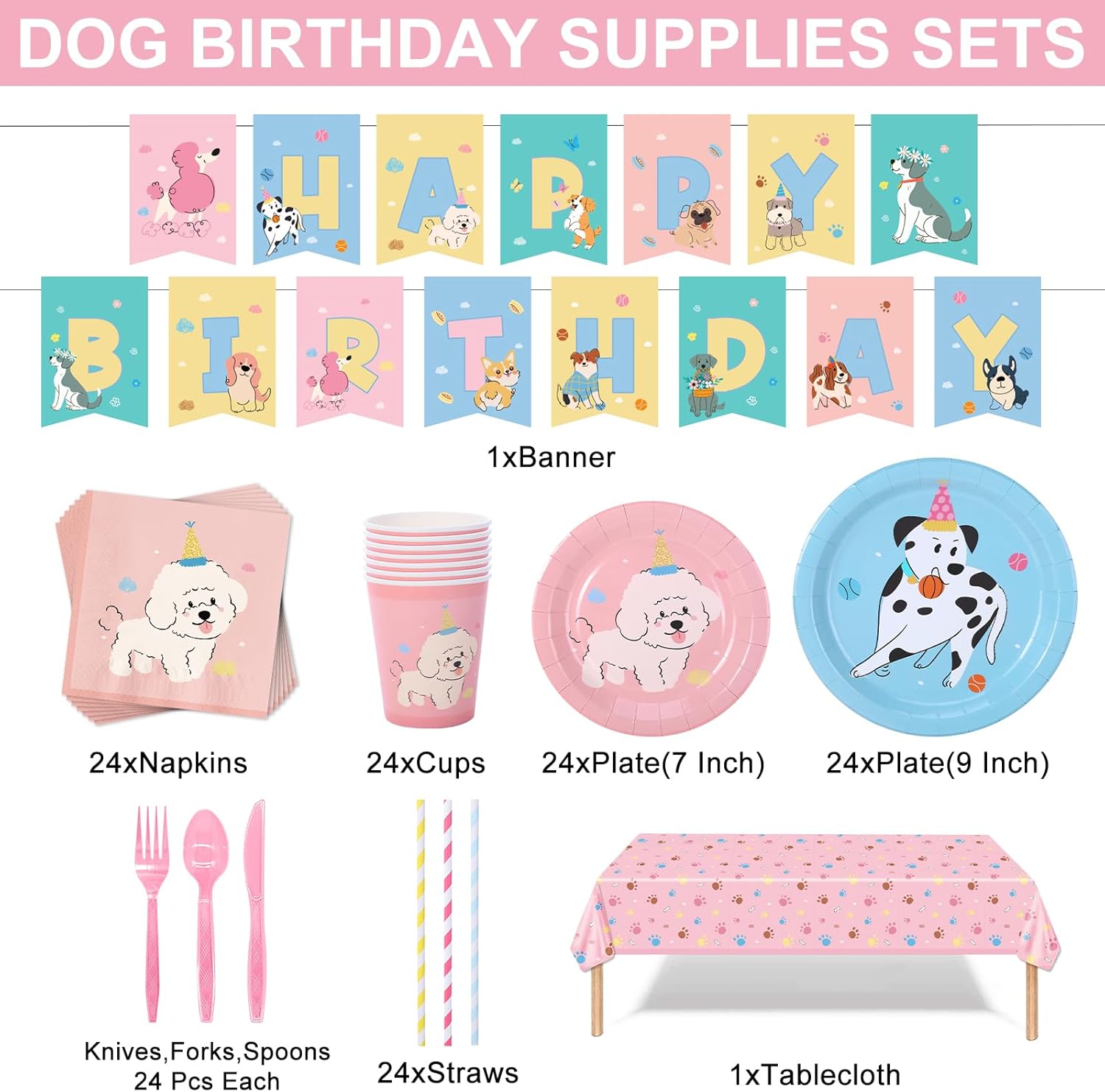 Pet Dog Birthday Party Supplies, 194Pcs Retro Puppy Themed Tableware Set, Vintage Puppy Face Paper Plates and Napkins, Disposable Dinnerware for Birthday Baby Shower-serve 24 guests
