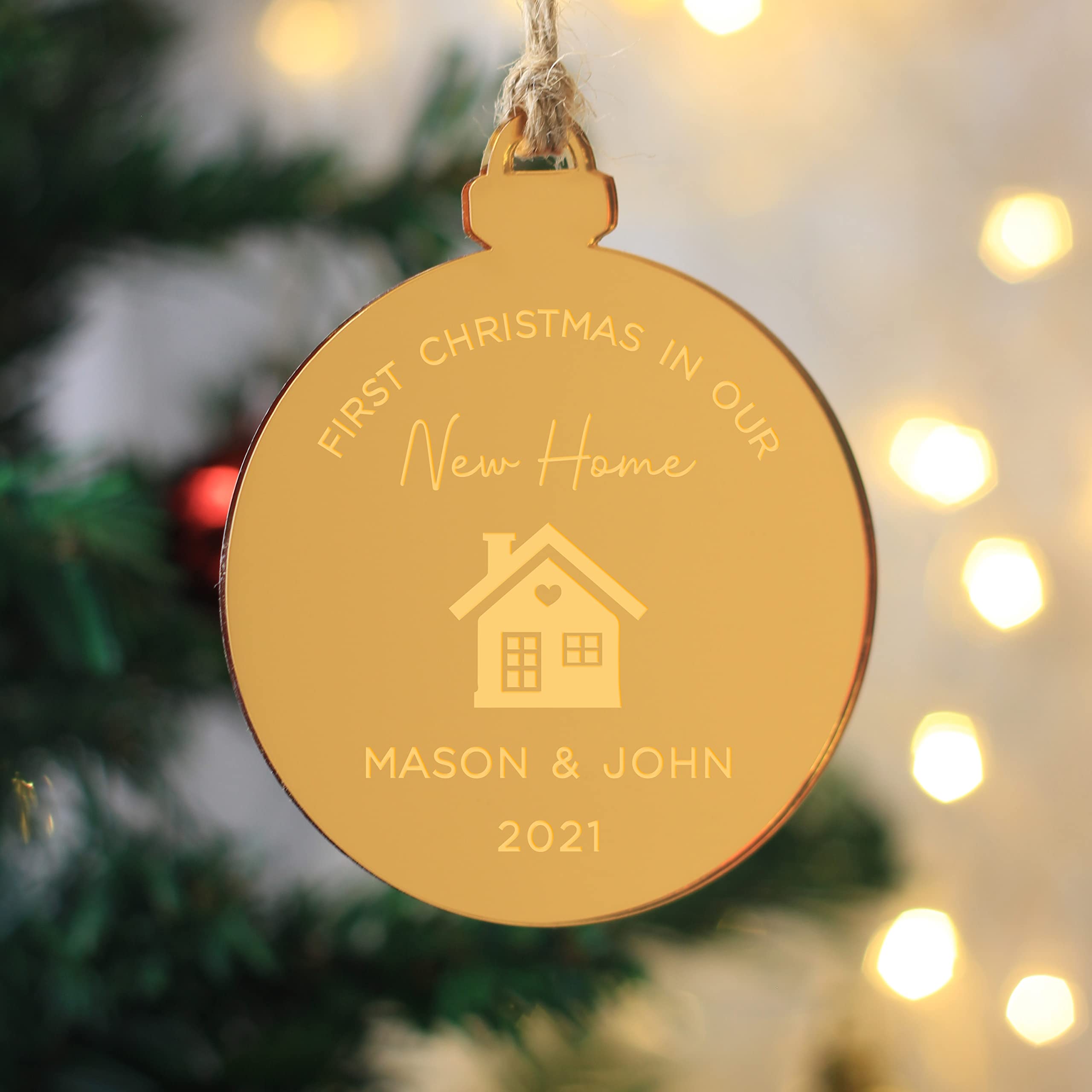 Ebuygb Gold Personalised First Christmas In Our New Home Mirrored Hanging Decoration, Couples First Home Bauble Keepsake, Xmas Tree Ornament (Gold)