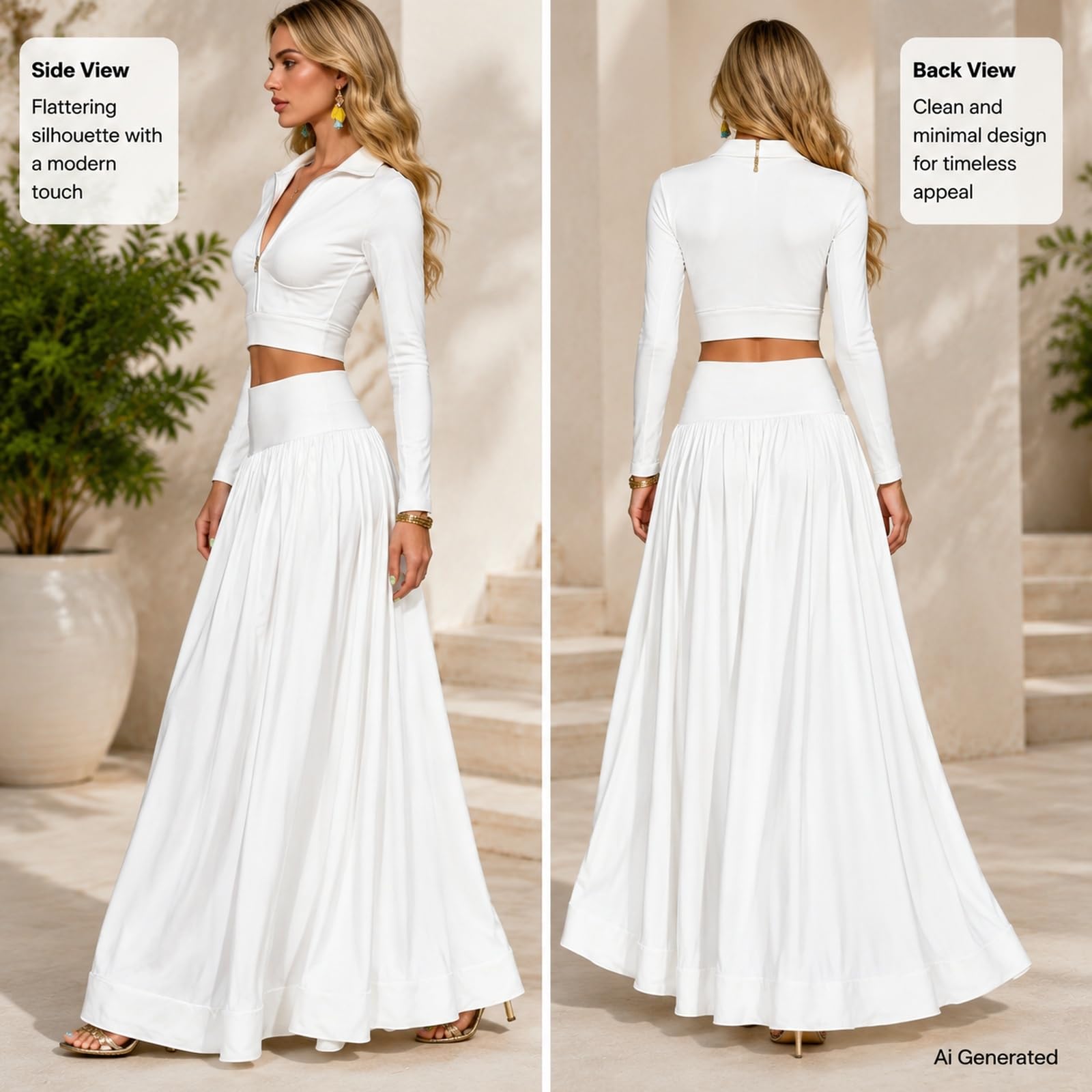 Damski dwuczęściowy zestaw spódnic z długim rękawem Crop Top Maxi Spódnica