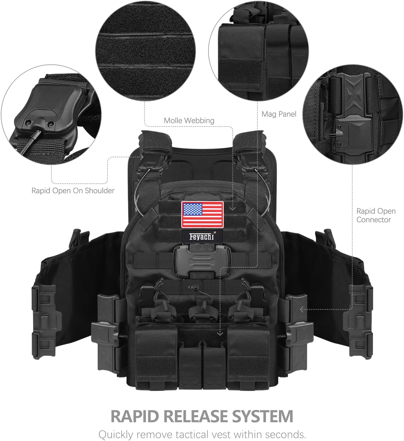 Feyachi TM 20 Magnetic Tactical Vest - Airsoft Vest MOLLE System Multifunctional Quick Release Vests Full Body Adjustable - Image 5