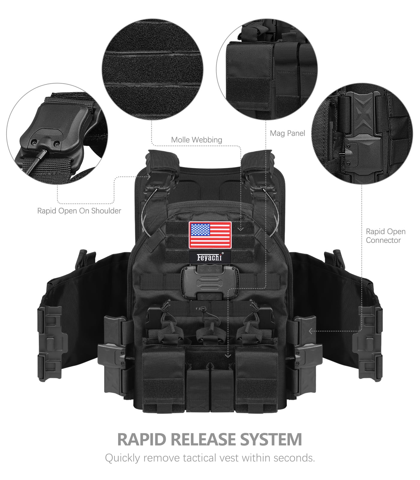 Feyachi Chaleco táctico magnético para airsoft, sistema MOLLO, chaleco táctico multifuncional de liberación rápida, chaleco táctico ajustable de cuerpo completo, chaleco de desmontaje con un solo