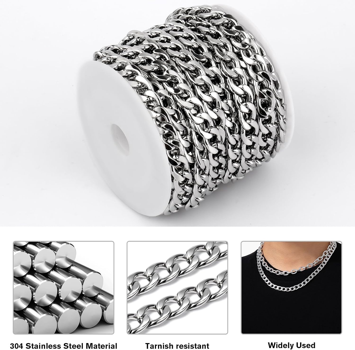 Cadikez 16.5 Feet Stainless Steel Cuban Chain Roll, 7mm Width 304 Stainless Steel Curb Link Chains Roll Bulk for Jewelry Making
