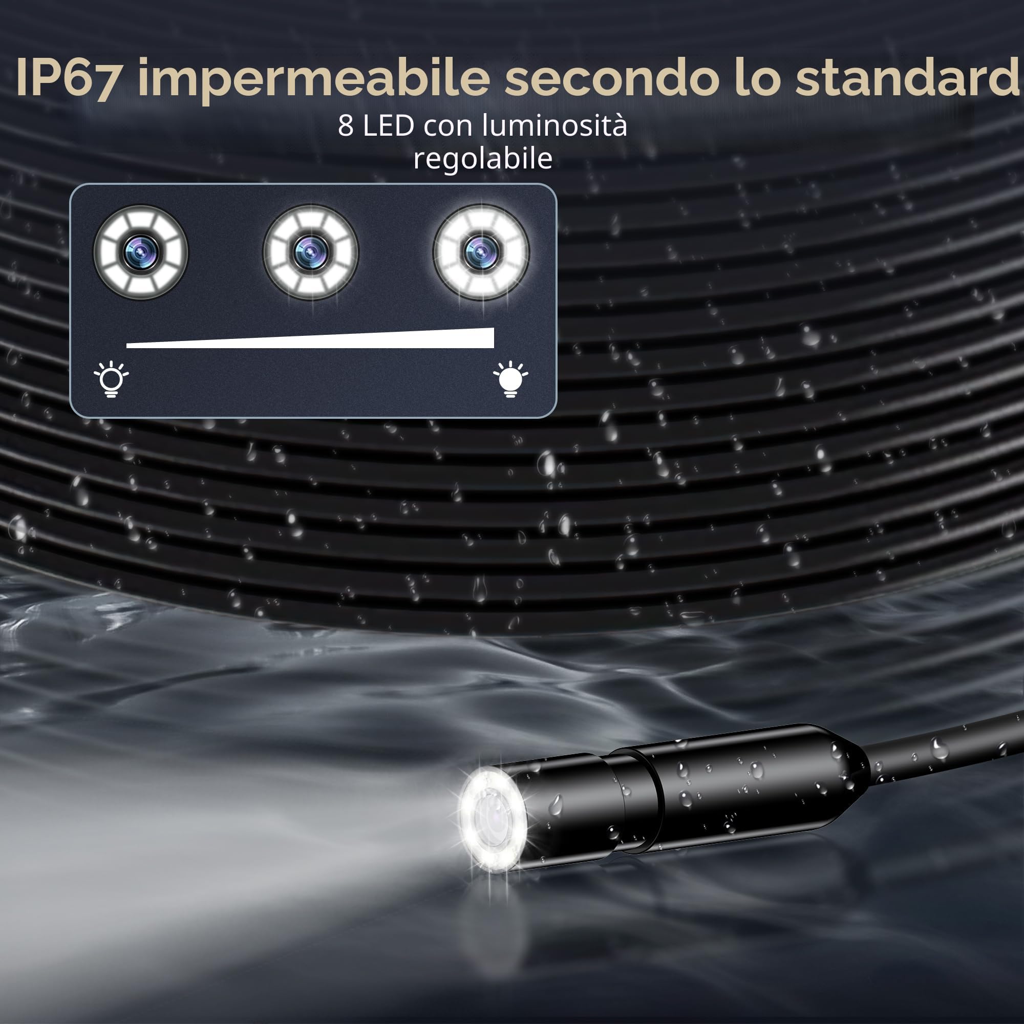 Endoscopio 1080P HD con Schermo IPS 4.3'' – Telecamera per Ispezione Tubi IP67 Impermeabile con 8 LED, Sonda con Telecamera 8mm e Cavo Semirigido 5M, per Videoispezione Auto Casa Tubazioni