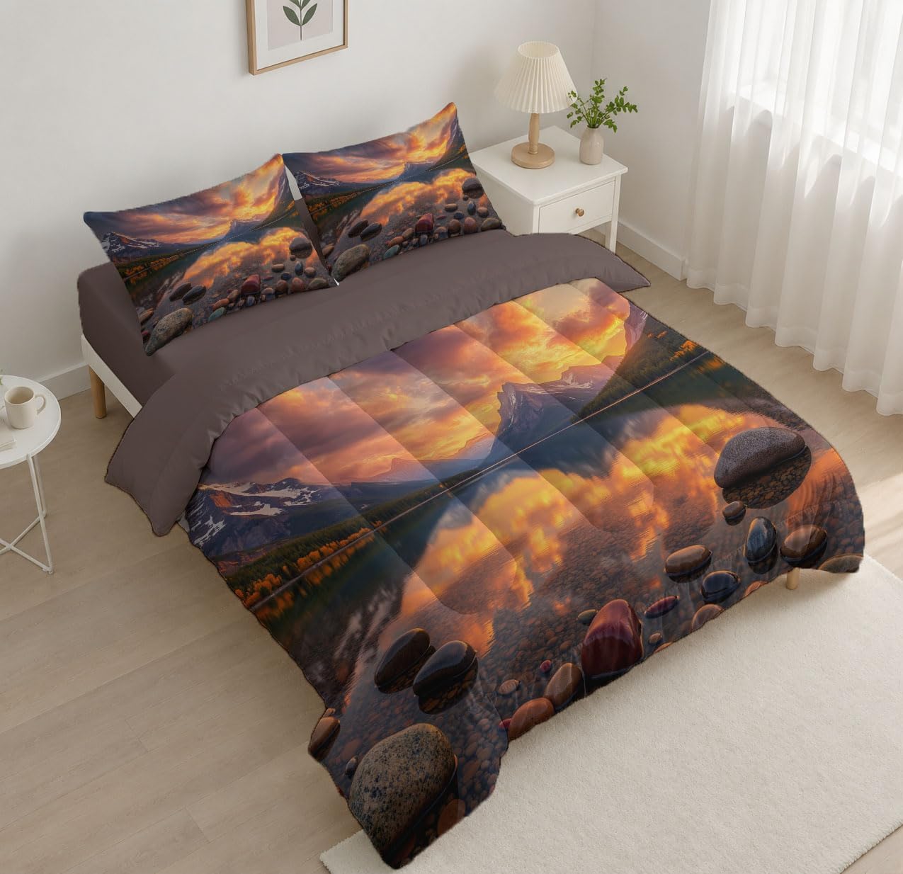 Natural Outdoor Beauty Comforter Set King Size, Sky Valley Lake Bedding Set for Girls Boys, Orange-Red Quilt Bed 104"X90" Bedding Comforter Sets with 2 Pillowcase Room Decor
