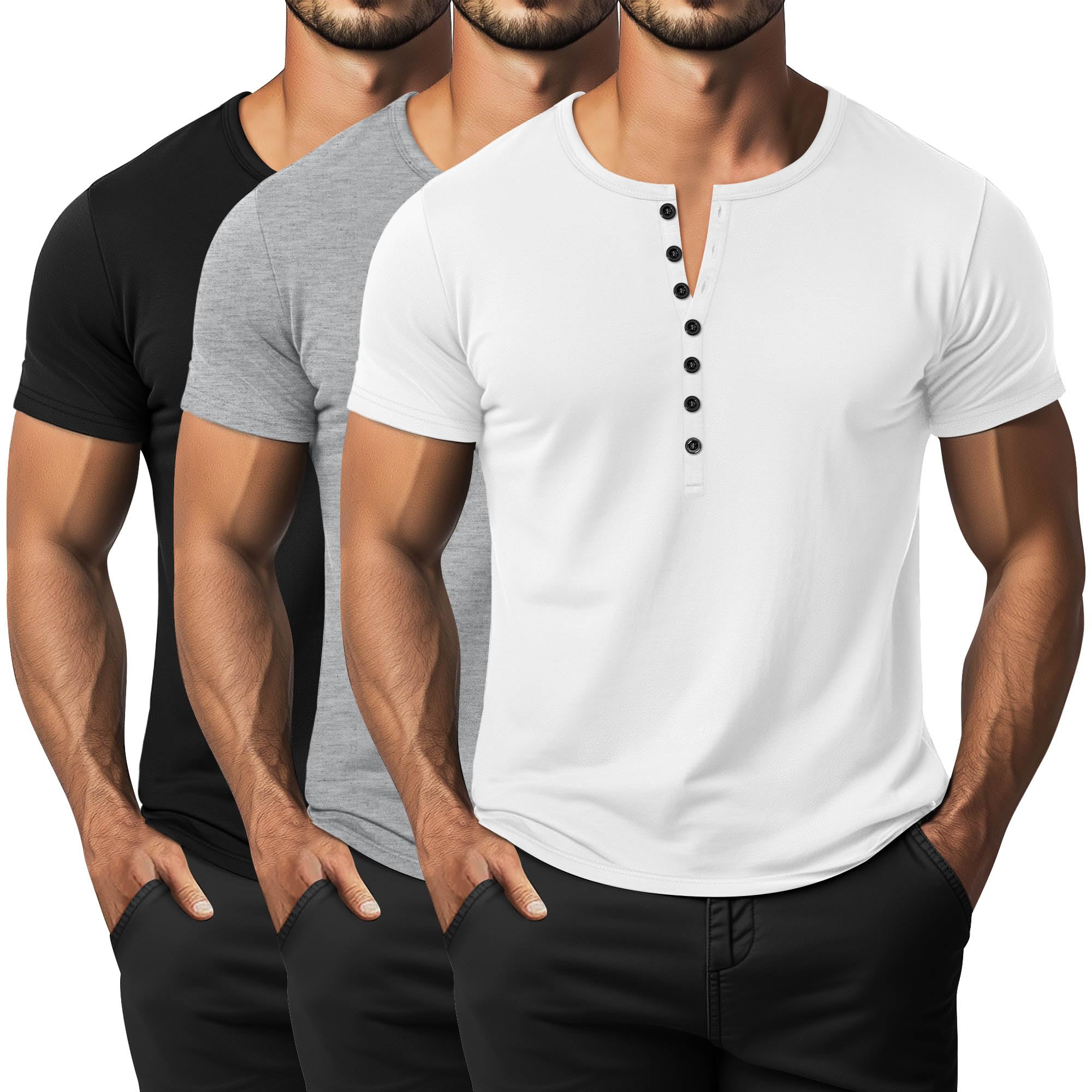 Ficerd 3 Pack Men's Big & Tall T-Shirts, Summer Short Sleeve Henley Shirts Casual Classic Vneck Button Oversized Tee Shirts