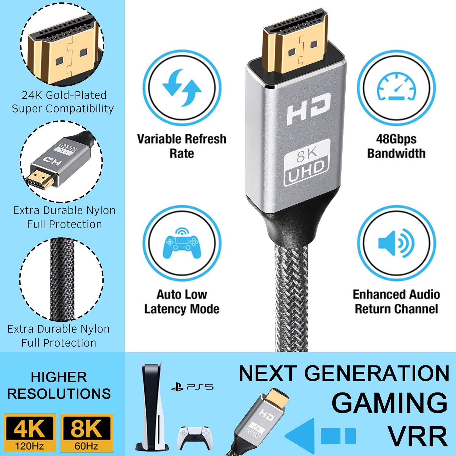8K HDMI Cable 6.6FT/2M, Ultra High-Speed 48Gbps Gold Plated Braided HDMI 2.1 Cord, 4K@120Hz 8K@60Hz, Dynamic HDR, eARC, Compatible with PS5/Xbox/Playstation/Fire TV/Roku TV and More