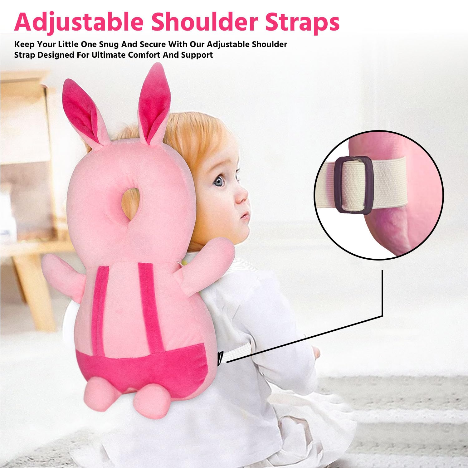 HUG PUPPY Head Protector Cushion Toddler Backpack, Safety Products for Walker, Back Protection for Crawling & Walking Rabbit Design (Pink) - Image 4 thumbnail