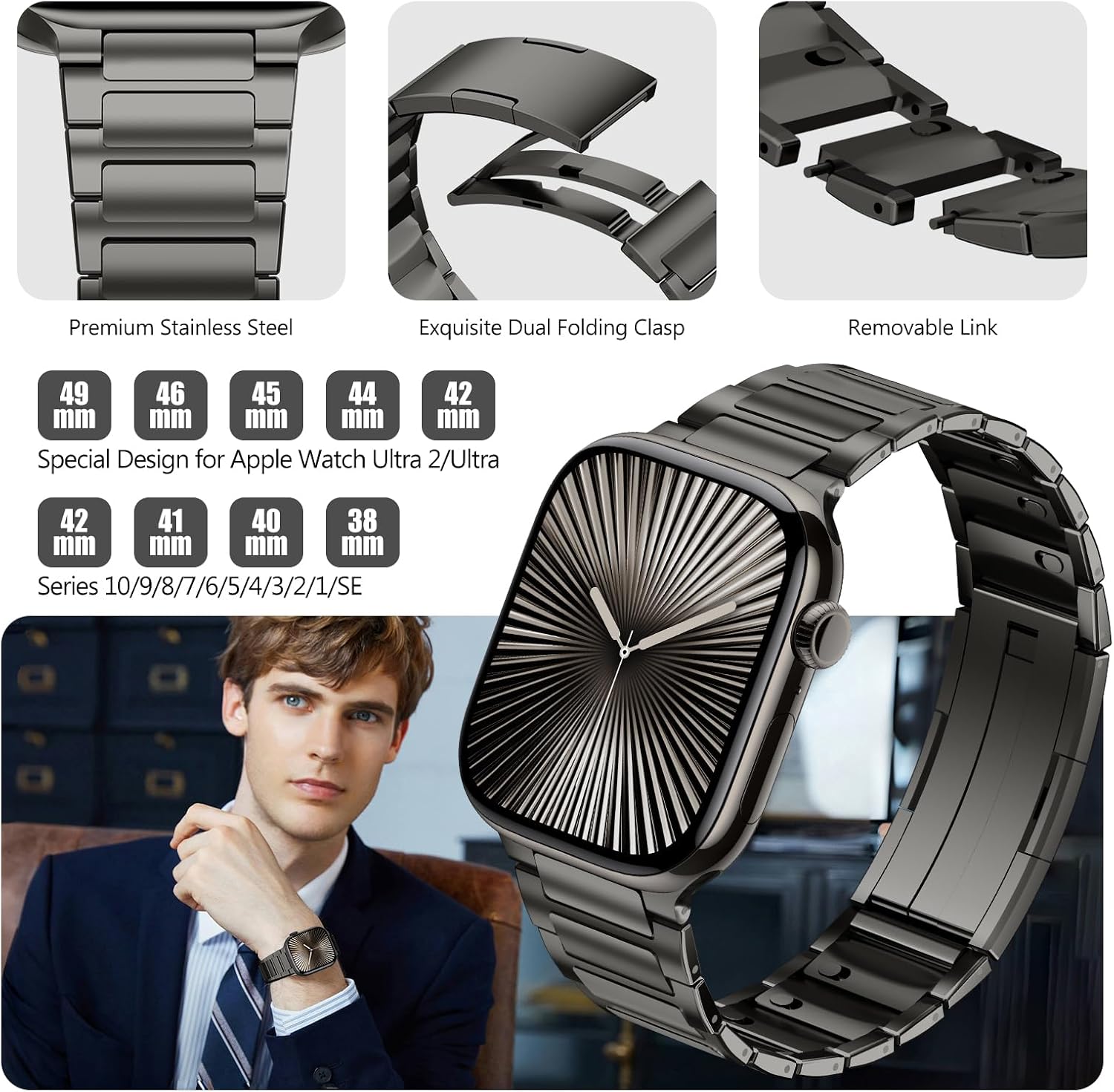 Metal Bands Compatible with Apple Watch Ultra 2 Bands 49mm 46mm 45mm 44mm 42mm 41mm 40mm 38mm iWatch Bands for Men Women,Business Stainless Steel Strap for Apple Watch Series 10 9 8 7 6 5 4 3 SE/2