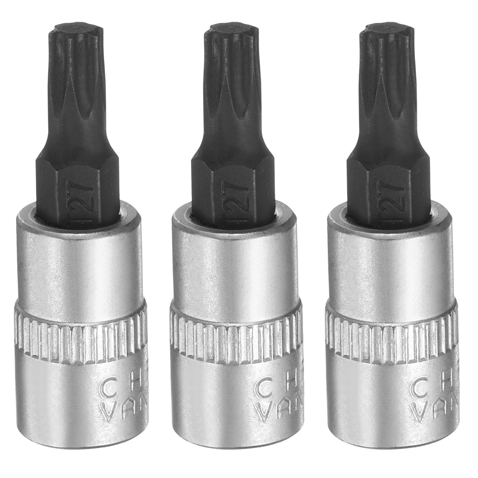 sourcing map 3pcs T27 Torx Bit Socket 1/4" Square Drive Star 6 Point Extension Impact Bit Power Nut Driver Set S2 & CR-V Steel Socket Ratchet Wrench Bits, Silver Black