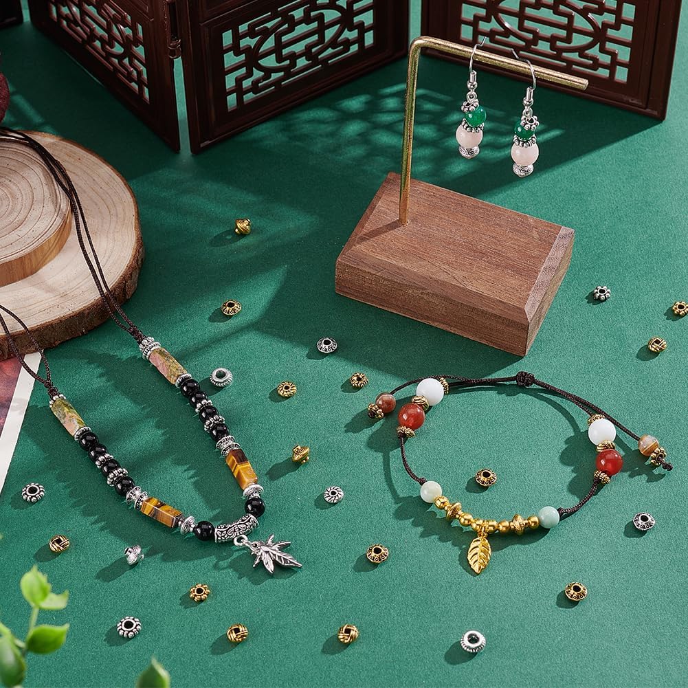 PH PandaHall 240pcs 12 Styles Spacer Beads Bracelet Beads Tibetan Style Rondelle Beads Flower Column Beads for Jewellery Making Friendship Bracelet Necklace DIY Crafts 5~7.5mm, Silver/Golden - Image 2