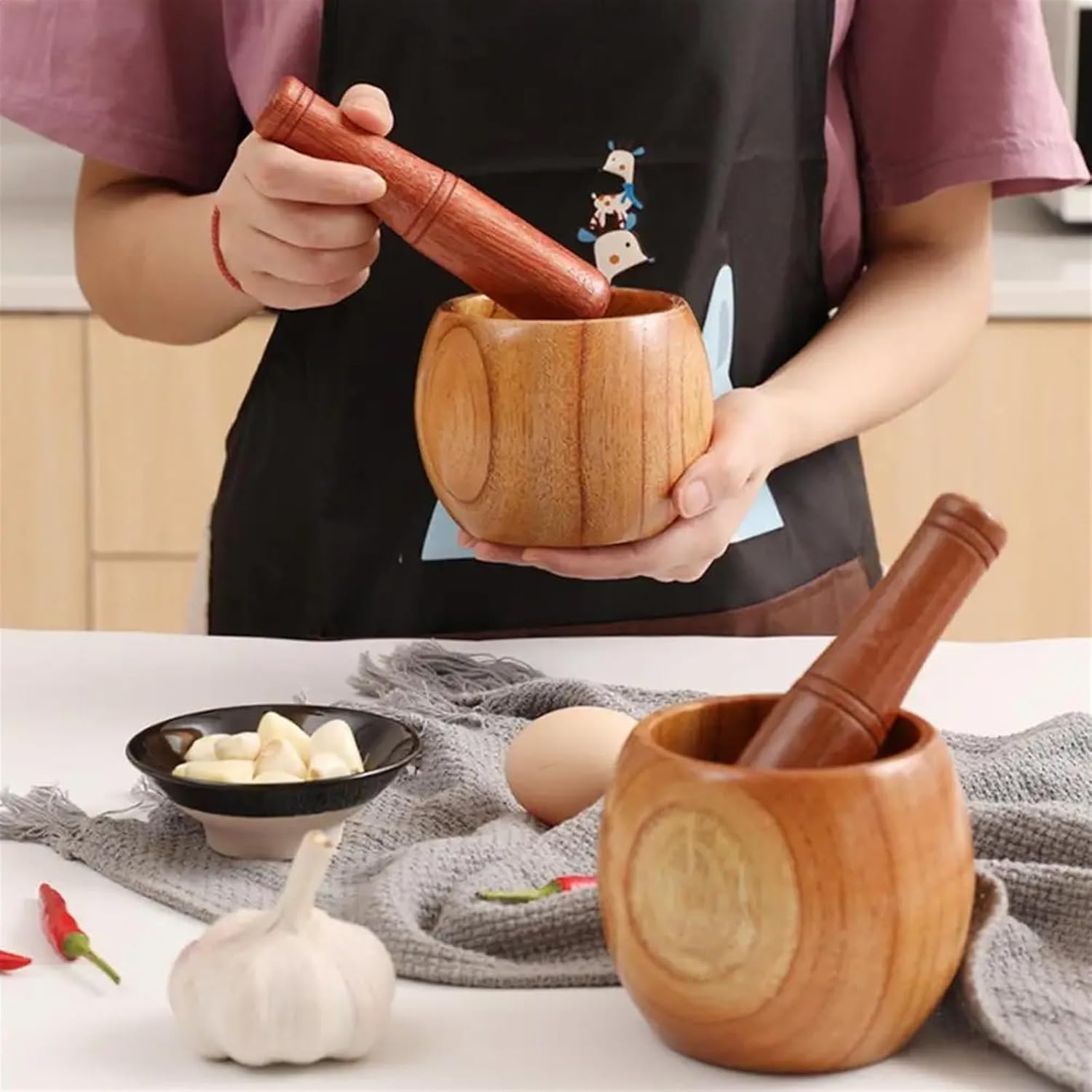 Pestle and Mortar Set Garlic Jar Mortar Wooden Grinder Round Smooth Hand Polished Pestle Set