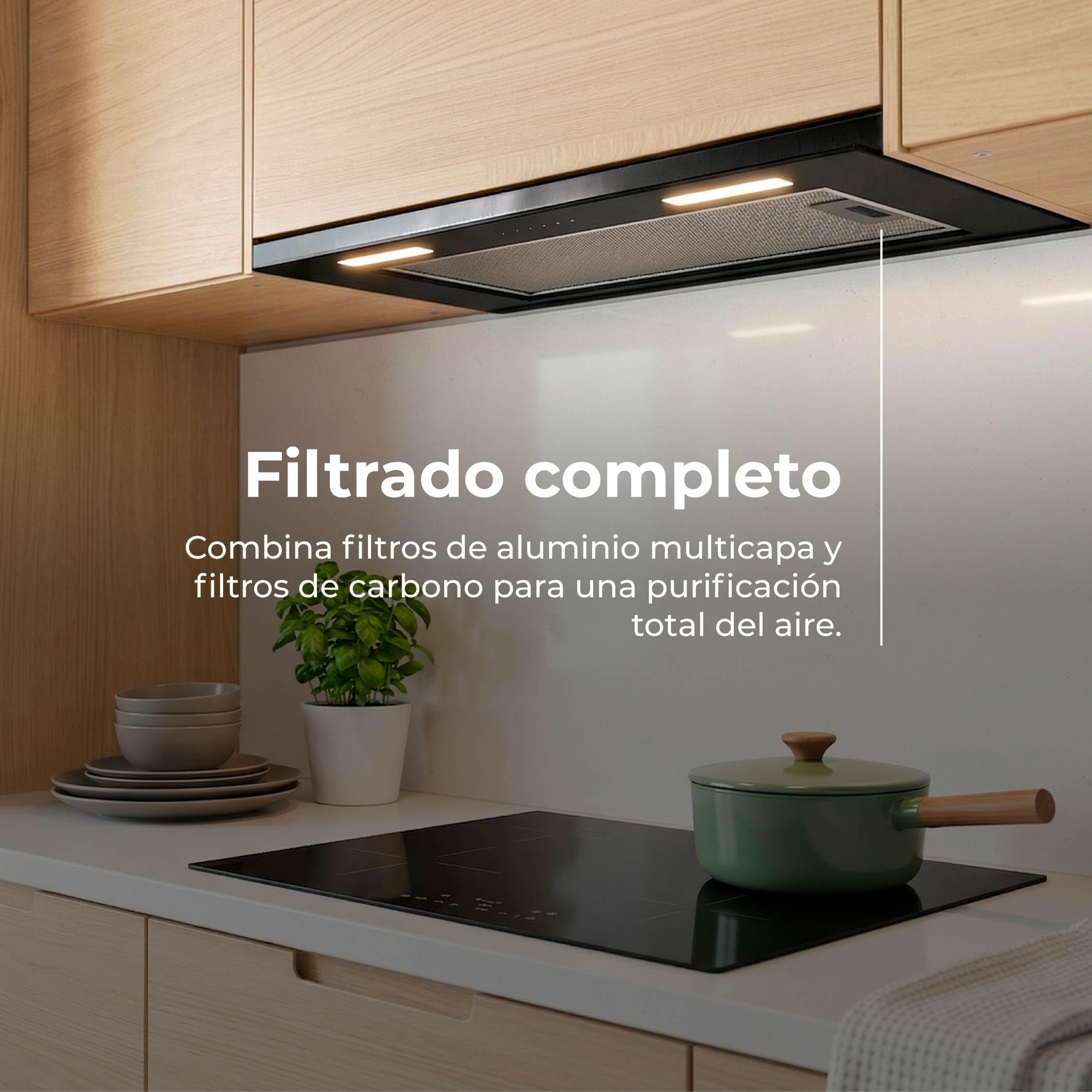 EVVO CEi52 Black - Campana Extractora 60 cm Integrable, Succión 875 m3/h, Motor 200W, Extractor de Cocina con Filtro Carbón y Aluminio, Campana Extractora Negra Silenciosa
