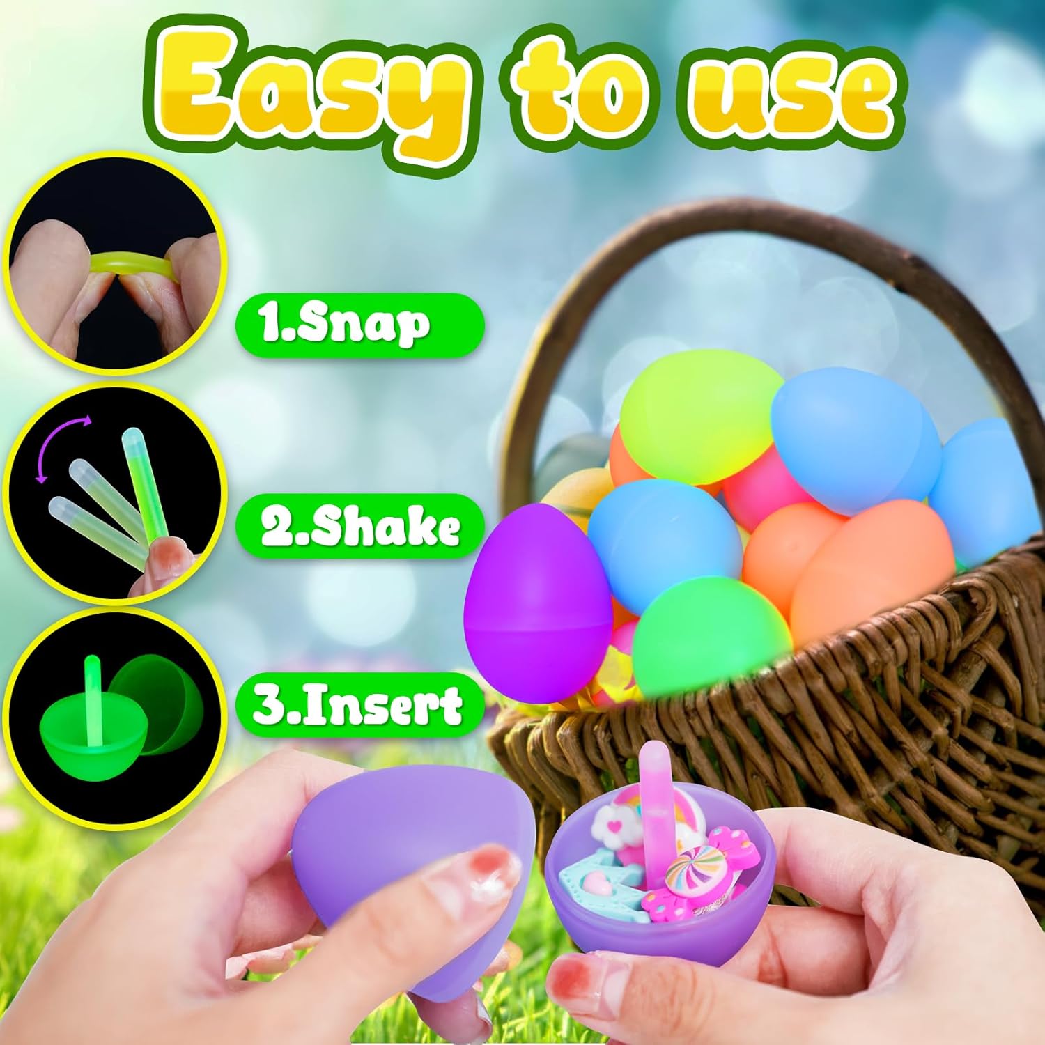 MGparty Glow in The Dark Easter Eggs, 48 Plastic Eggs with 96 Mini Glow Sticks for Kids Easter Basket Stuffers Party Favors Egg Hunt Supplies and Easter Decorations