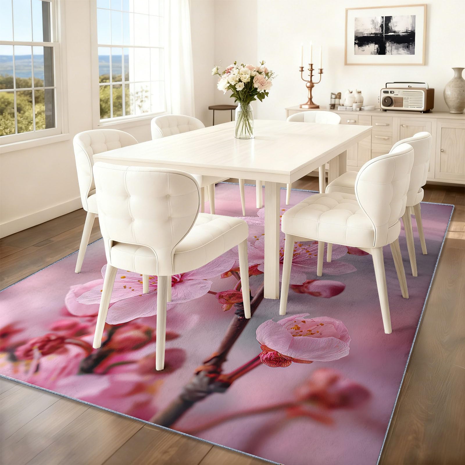 Dywany do salonu, 140 x 200 cm, różowy, można prać w pralce, dywan fotograficzny, miękki w dotyku, antypoślizgowy, nie gubi włosia, łatwy do czyszczenia, rośliny, gałązki, kwiaty, kwiaty wiśni, dywan