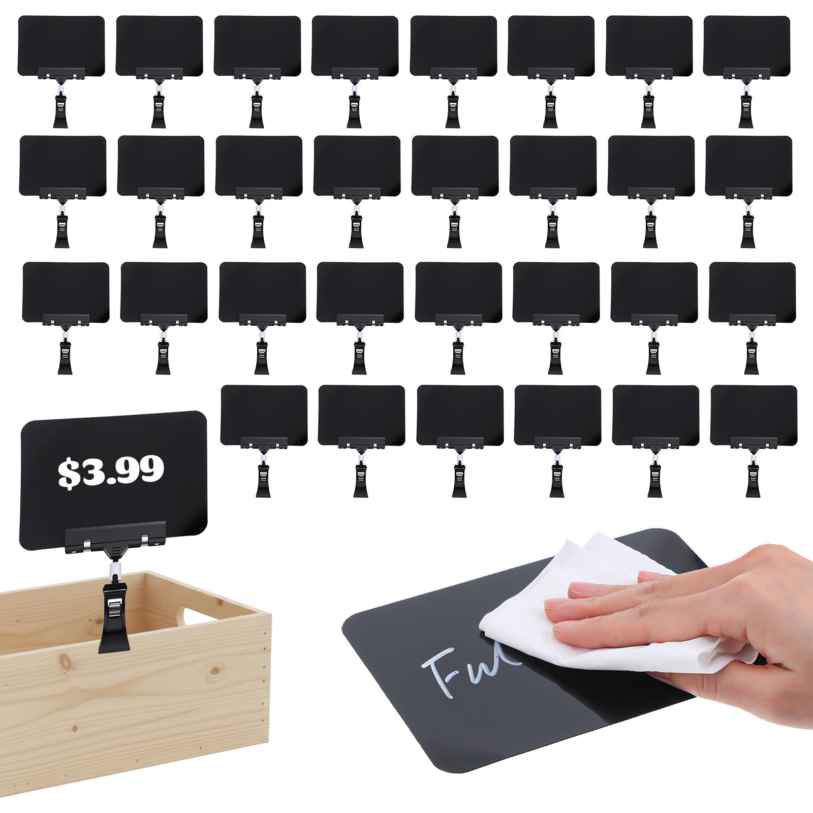 JIEYAO 30 Pack Mini PVC Chalkboard Sign with Clip, Double Head Rotating Clip Holder Food Sign Black Display Price Tags for Retail Store Shelf 5.9x4.13 in