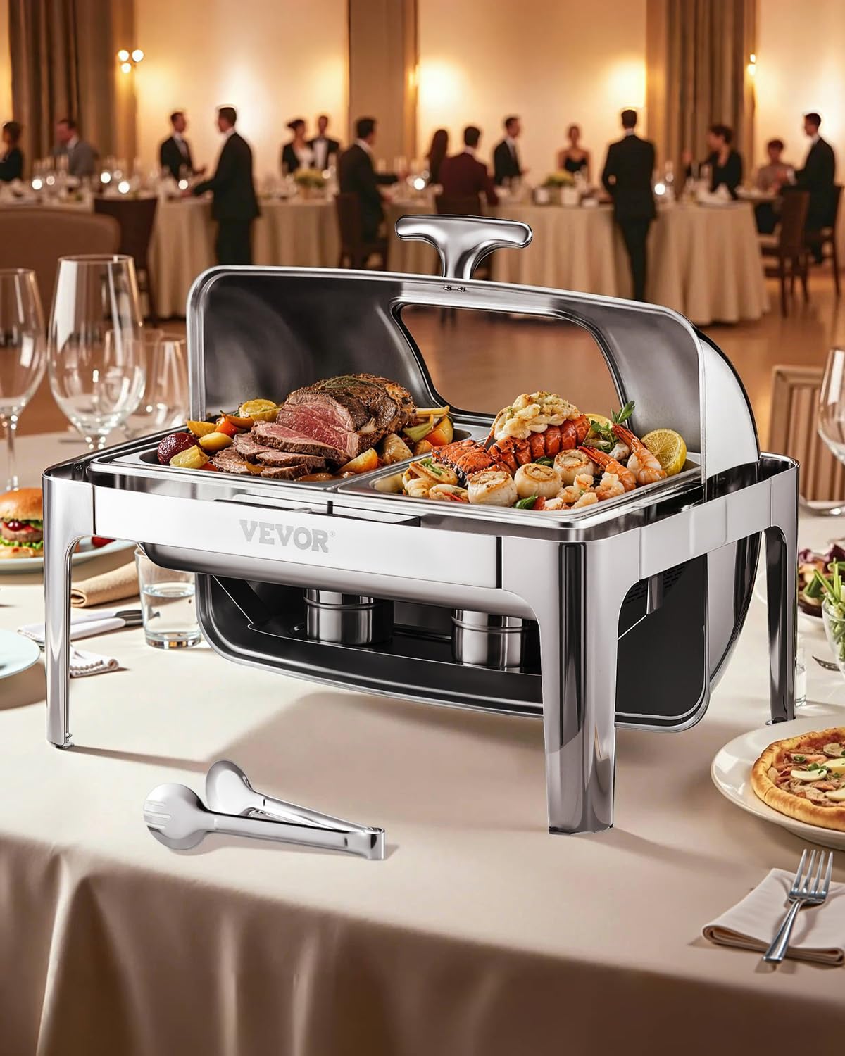 VEVOR Set di Scaldavivande 3,9 L Scaldavivande Rettangolare in Acciaio Inox, 1 Pezzo con 2 Padelle di Mezza Misura, Coperchio Visibile, Supporto Pieghevole per Padella per Acqua e Carburante, Argento
