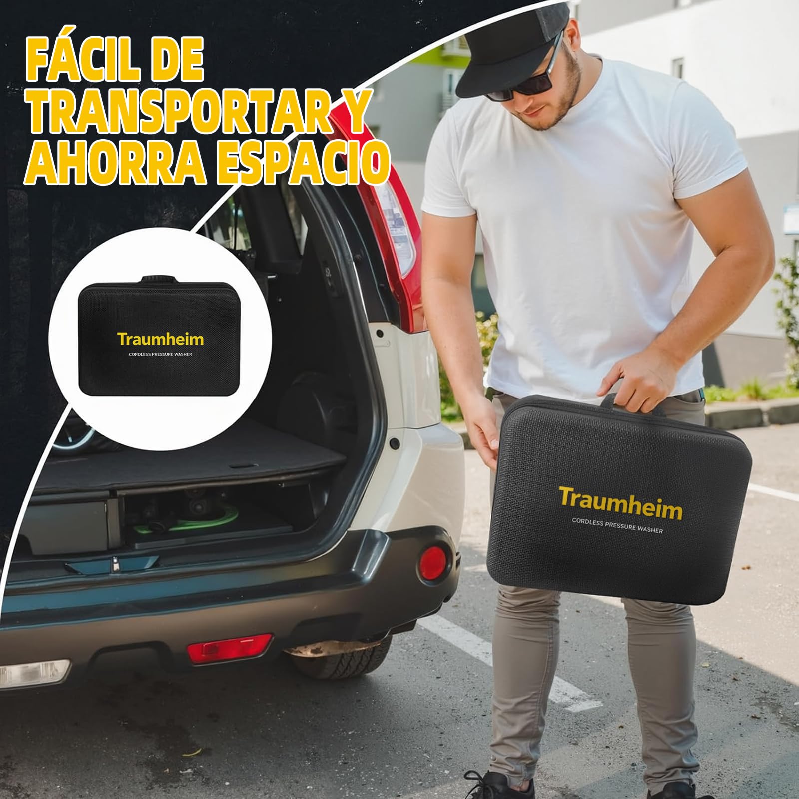 Limpiador de alta presión inalámbrico Traumheim 21V 68Bar – 2 baterías de 4000mAh, juego de 17 piezas, limpiador portátil para auto, terraza y jardín