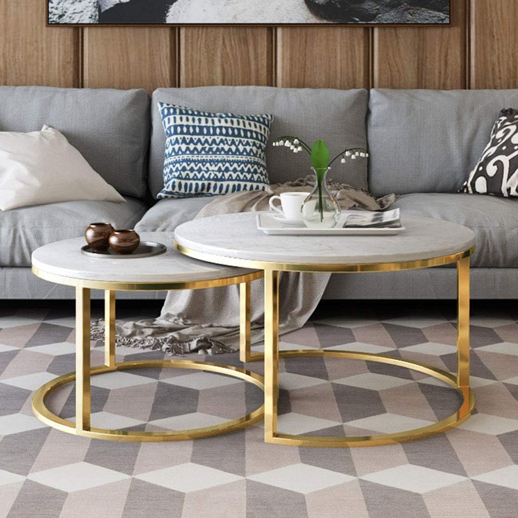 2 Round Stackable Coffee Table Desk Sets | Marble Desktop with Metal Frame Nesting Side Tables Living Room Home Decor Sets End Tables Cocktail Table ()
