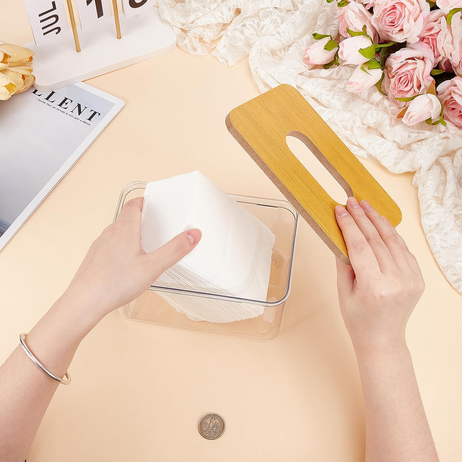 4Pcs Acrylic Dryer Sheet Holder, Rectangular Acrylic Tissue Box Clear Tissue Dispenser with Lid for Laundry, Living Room, Bathroom, Bedroom(7.17x4.65x3.78inch)