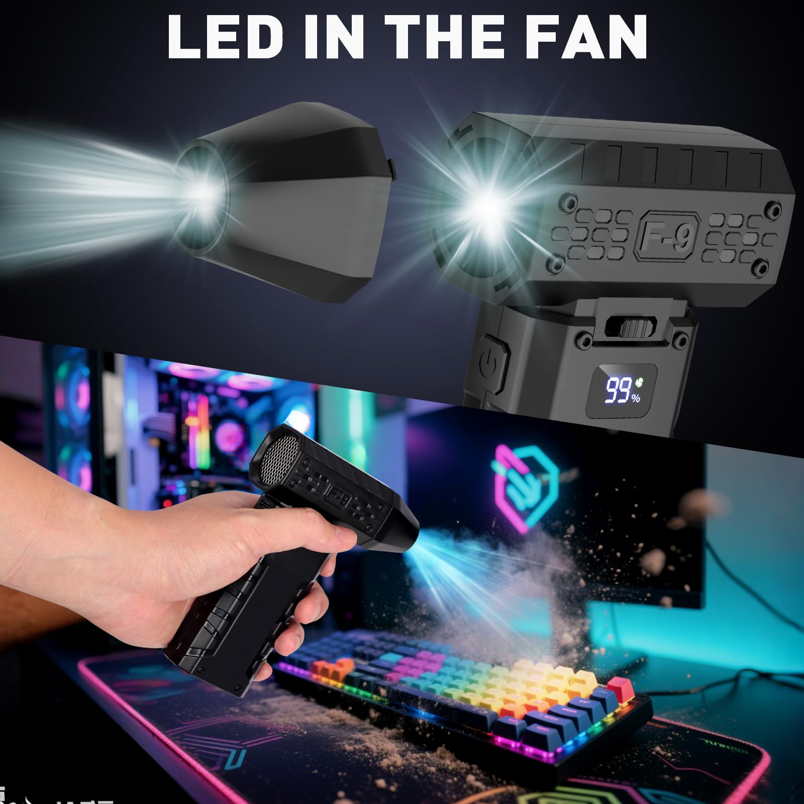 Soplador de Polvo Eléctrico, 110,000 RPM, Velocidad Continuamente Variable, Soplador de Aire Inalámbrico Recargable con luz LED y Pantalla HD, Ideal Para Teclados de Computadora,Staubgebläse