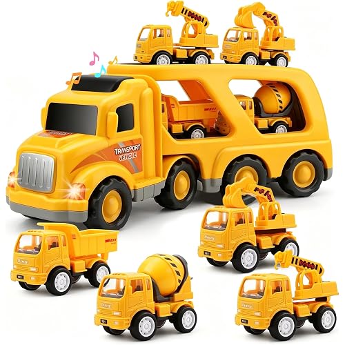 Construction Truck Toys for Toddler 3-4: 5-in-1 Vehicles with Sound Lights | 13 inch Big Carrier 4 Mini Truck - Great for Little Boys Daily Repeat Play - Ideal Christmas Birthday Gifts for Boy Grandkids