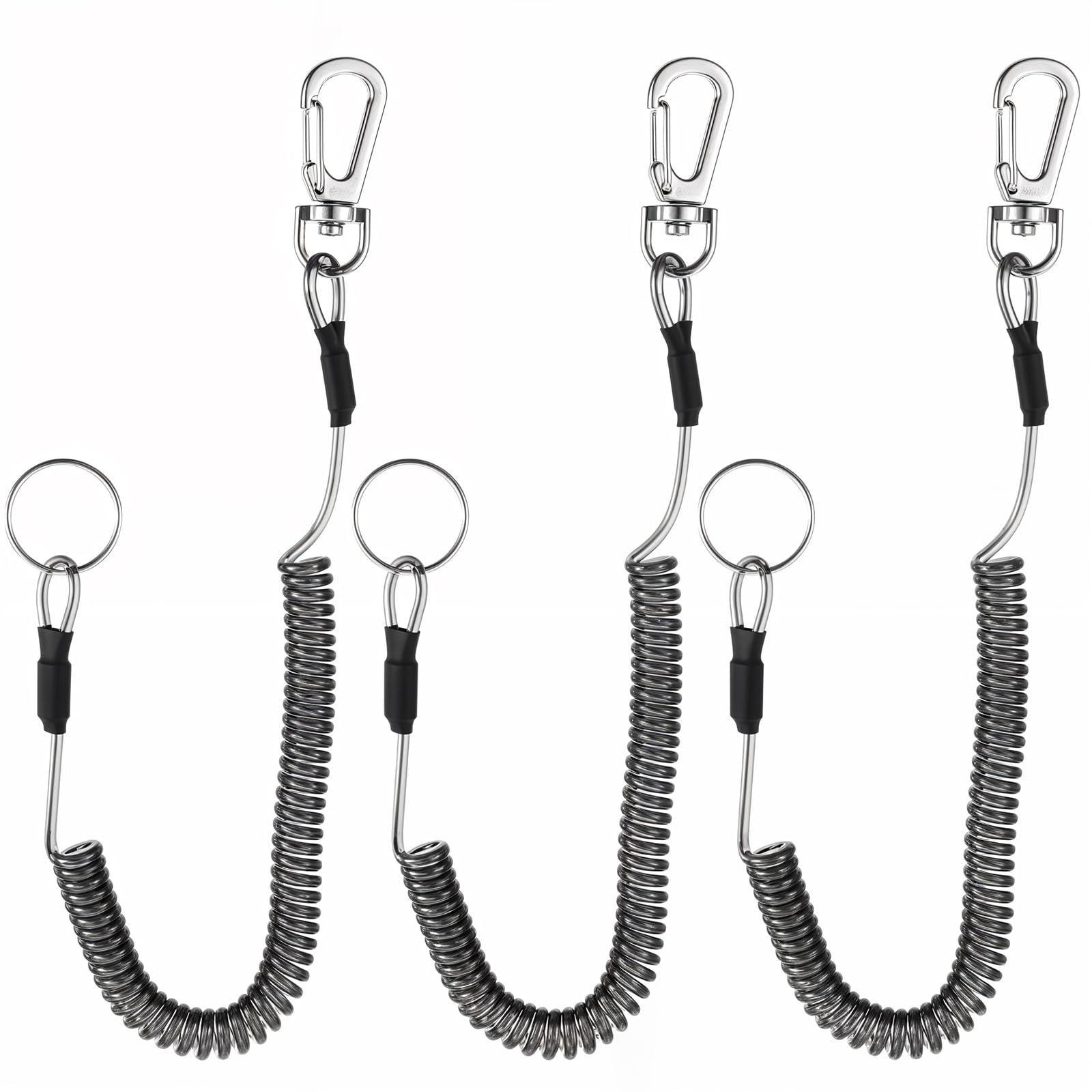 3pcs Heavy Duty Fishing Lanyard Retractable Coiled Lanyard String Rubber Coil with Stainless Steel Clip Keychain Ring Carabiner for Fishing Rod Lanyard Fishing Pole Tether Outdoor Tools, Black