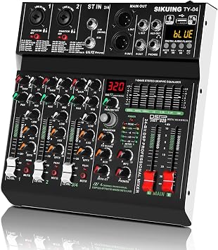 4 Channel Professional Portable Audio Mixer,320 DSP Effects+7-Band Equalizer,Bluetooth Sound Card+48V Phantom Power,USB Interface,for PC Recording,Karaoke Studio Effects,and Streaming Playback